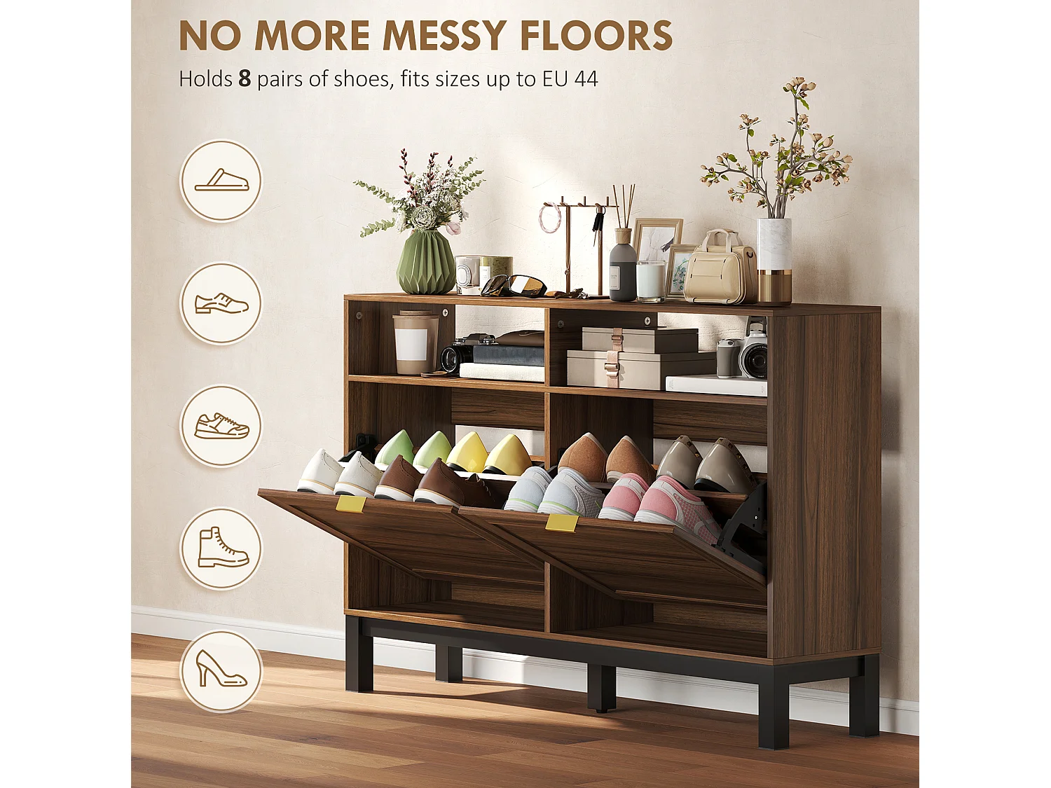 HOMCOM Narrow Shoe Cabinet with 2 Flip Drawers, Modern Shoe Storage Cabinet