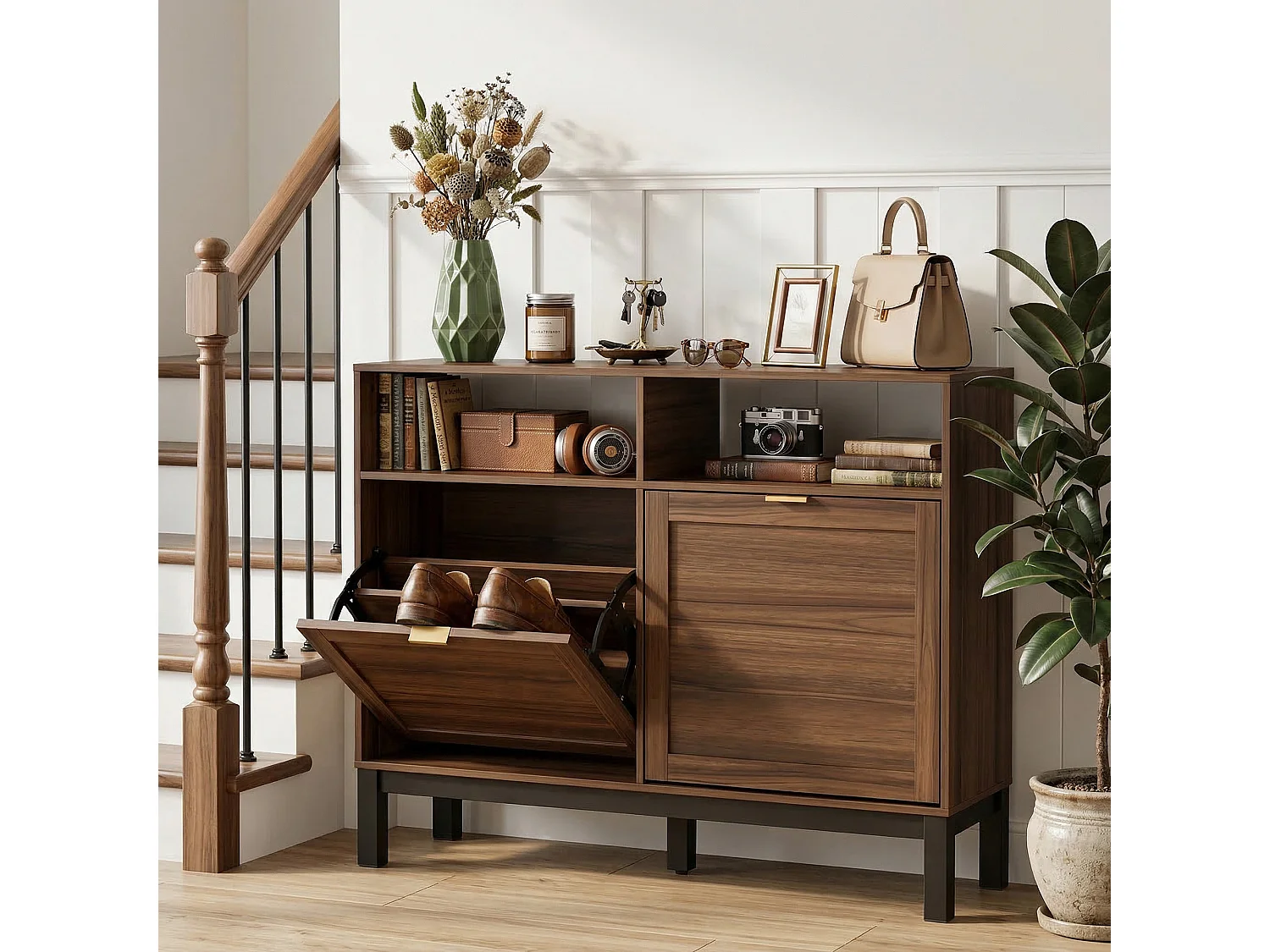 HOMCOM Narrow Shoe Cabinet with 2 Flip Drawers, Modern Shoe Storage Cabinet