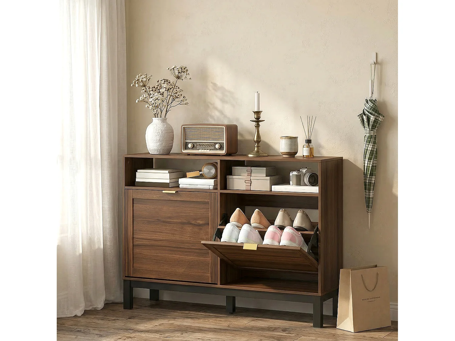 HOMCOM Narrow Shoe Cabinet with 2 Flip Drawers, Modern Shoe Storage Cabinet