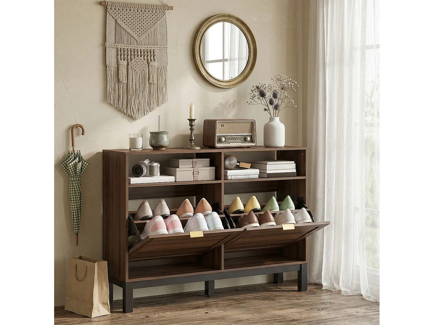 HOMCOM Narrow Shoe Cabinet with 2 Flip Drawers, Modern Shoe Storage Cabinet