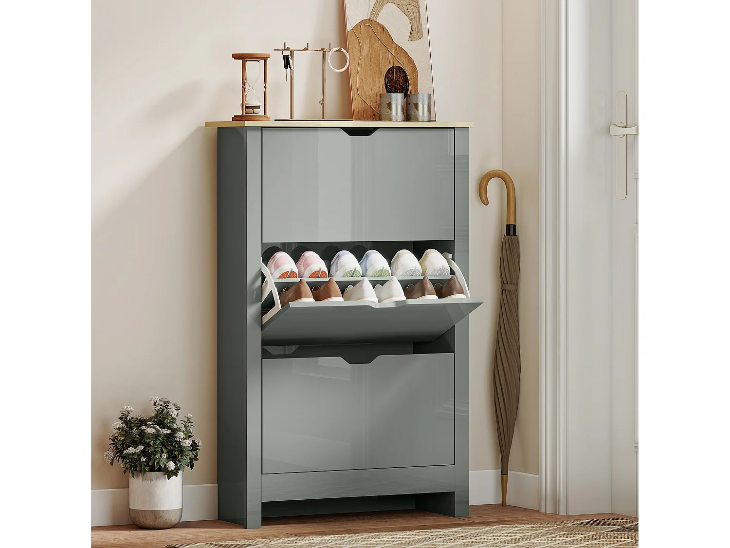 HOMCOM 18-Shoe Storage Cabinet 6 Shelves 3 Drawers Tabletop Light Grey