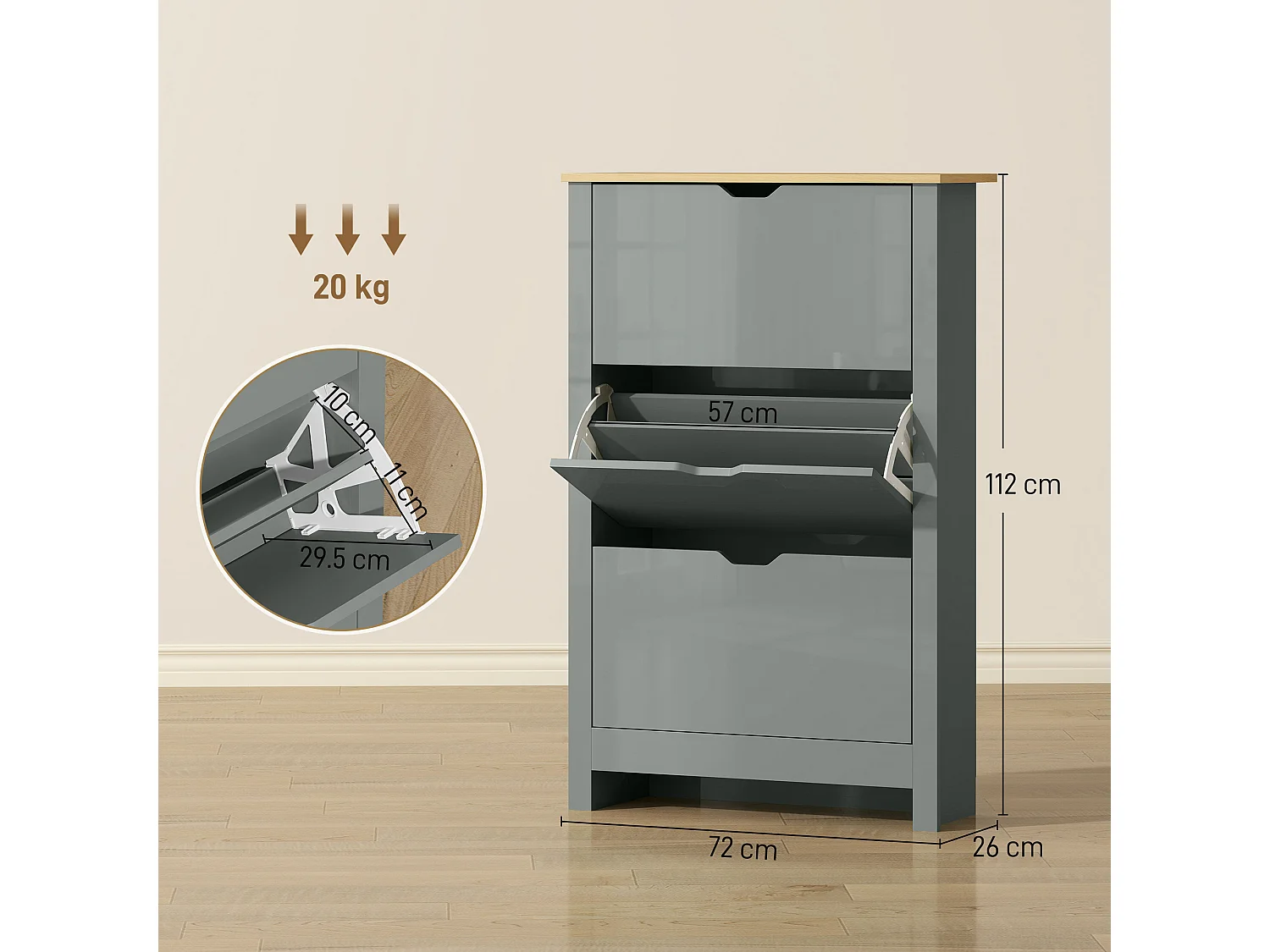 HOMCOM 18-Shoe Storage Cabinet 6 Shelves 3 Drawers Tabletop Light Grey