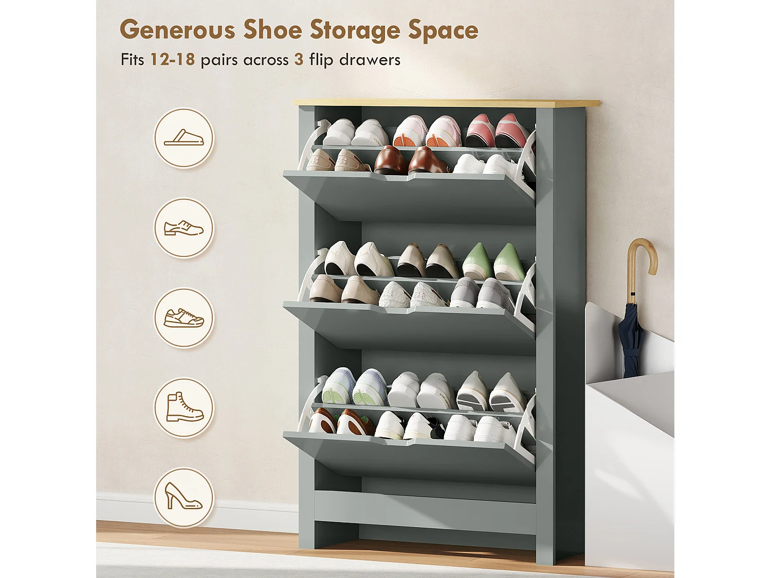HOMCOM 18-Shoe Storage Cabinet 6 Shelves 3 Drawers Tabletop Light Grey