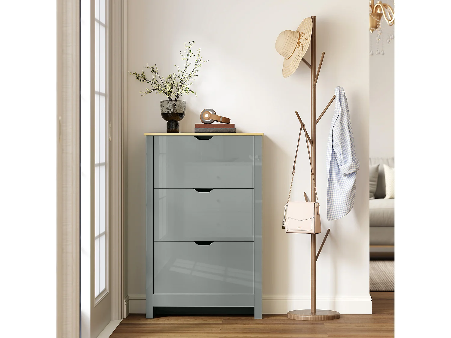 HOMCOM 18-Shoe Storage Cabinet 6 Shelves 3 Drawers Tabletop Light Grey