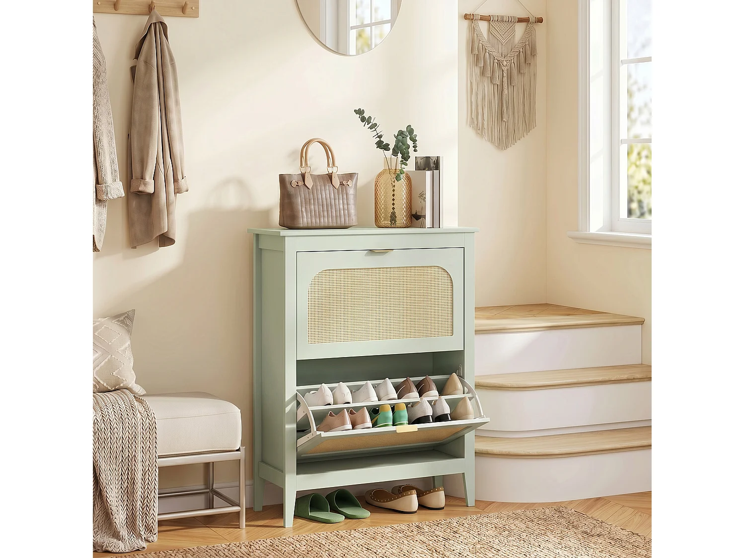 HOMCOM Boho Slim Shoe Cabinet with Rattan Doors, Holds 14 Pairs, Green