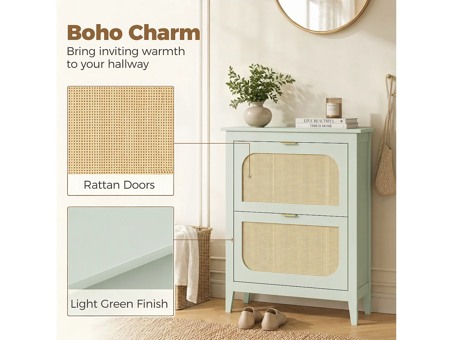 HOMCOM Boho Slim Shoe Cabinet with Rattan Doors, Holds 14 Pairs, Green