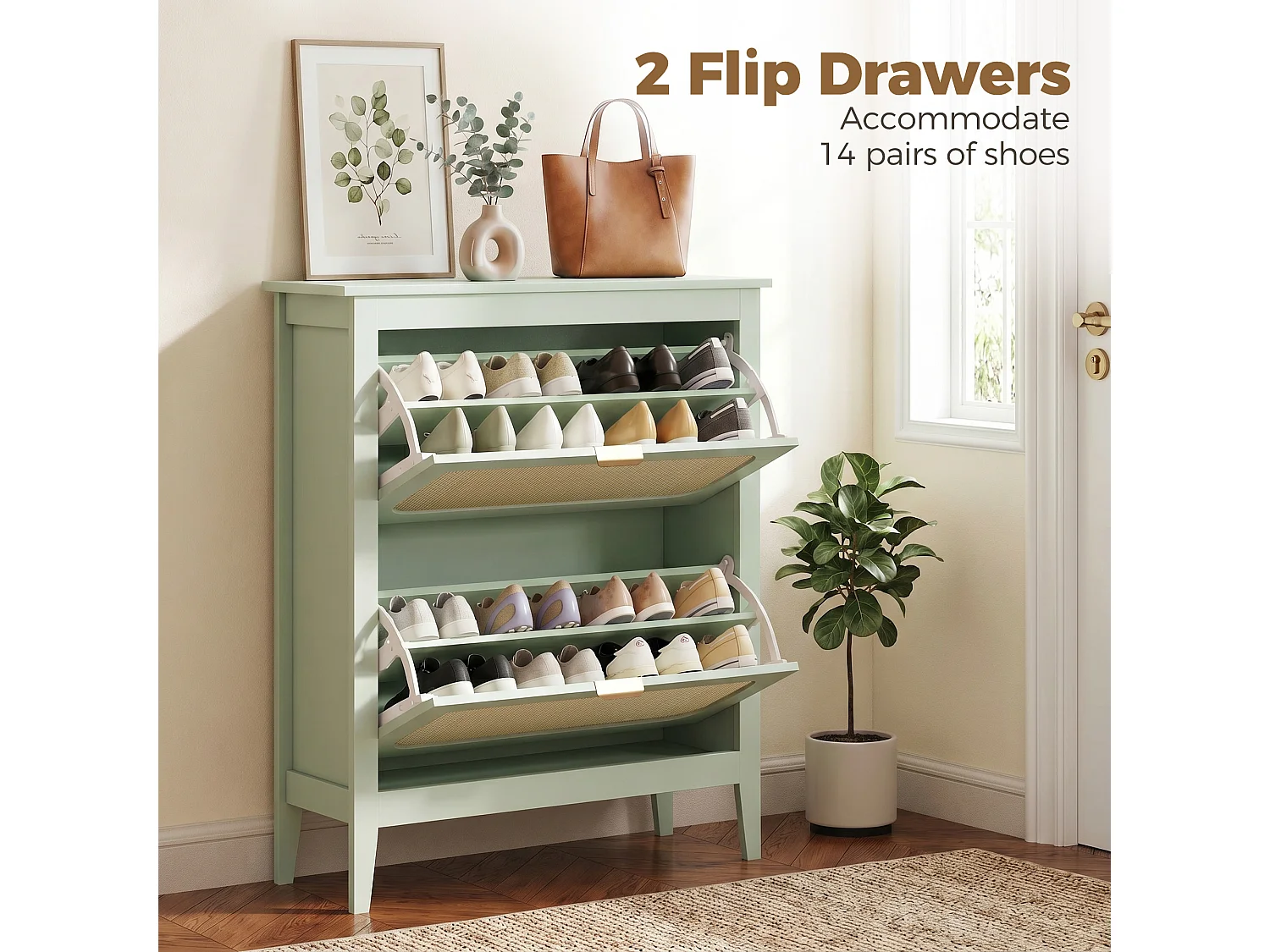 HOMCOM Boho Slim Shoe Cabinet with Rattan Doors, Holds 14 Pairs, Green
