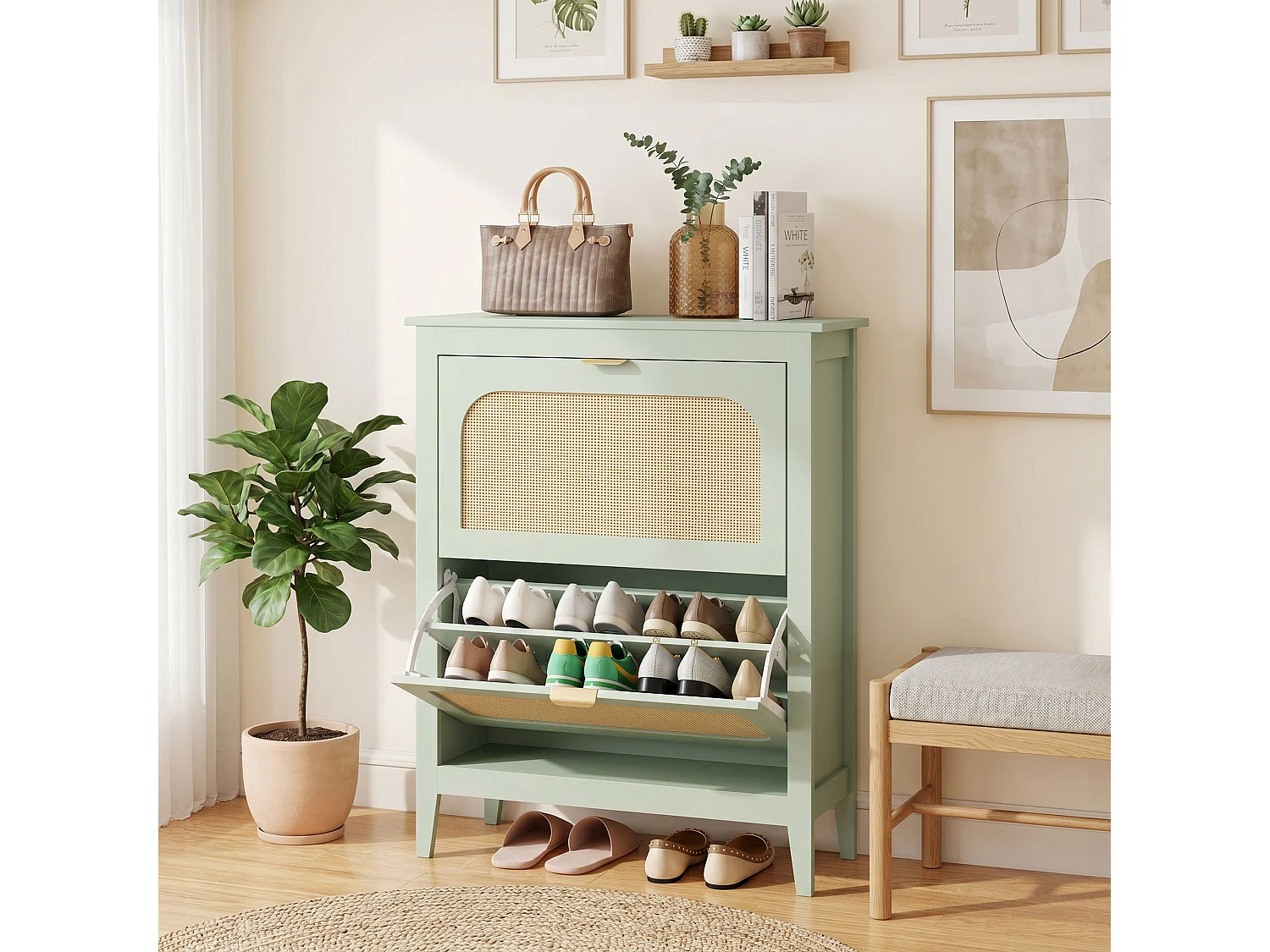 HOMCOM Boho Slim Shoe Cabinet with Rattan Doors, Holds 14 Pairs, Green