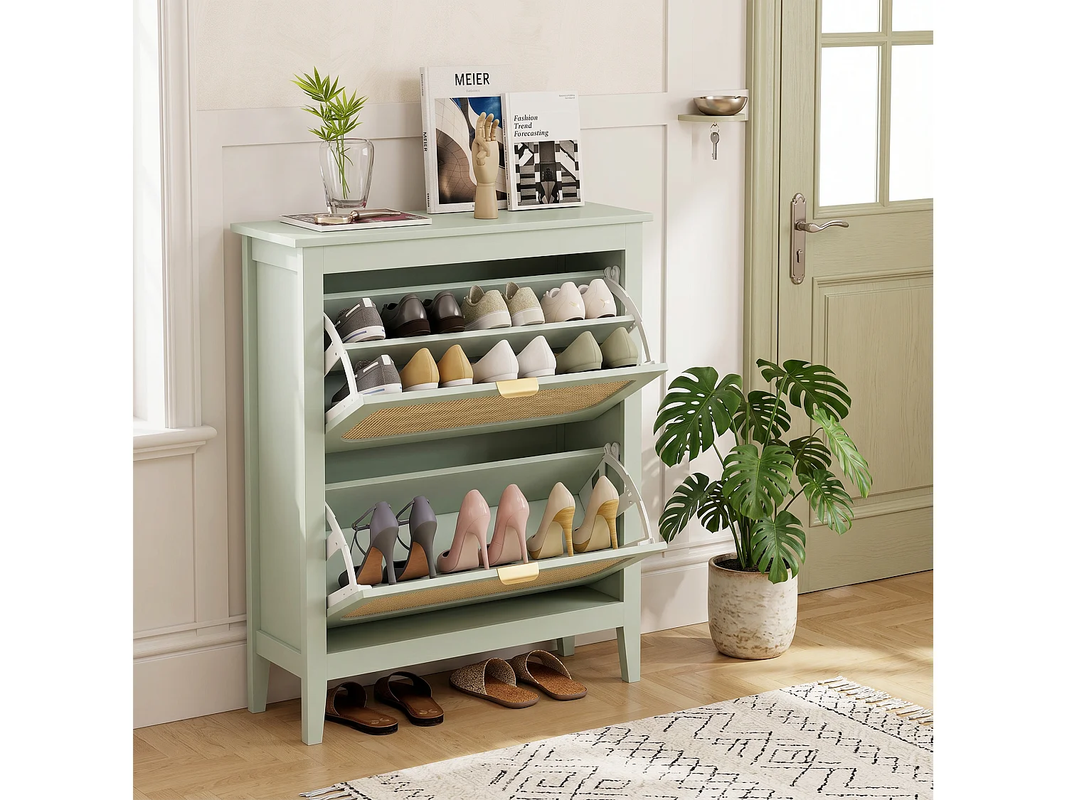 HOMCOM Boho Slim Shoe Cabinet with Rattan Doors, Holds 14 Pairs, Green