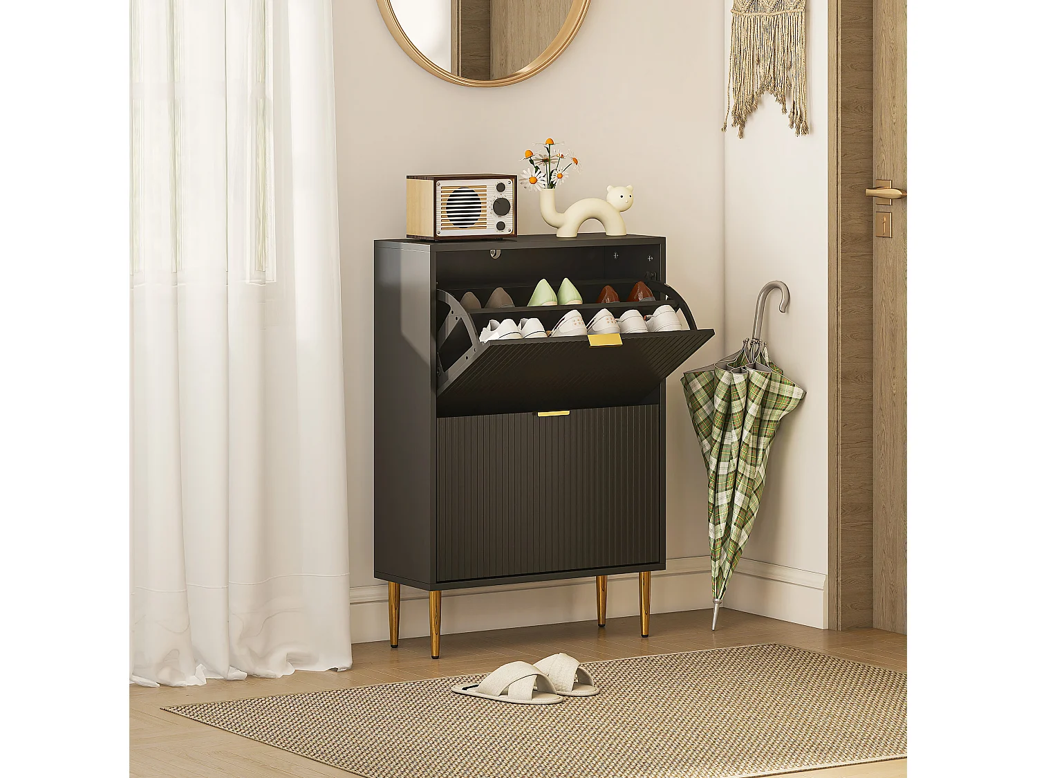 HOMCOM Slim Shoe Storage Cabinet with 2 Flip Drawers for Hallway, Black