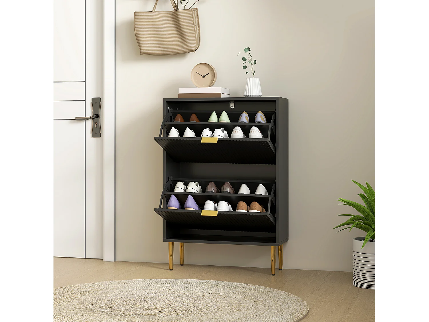 HOMCOM Slim Shoe Storage Cabinet with 2 Flip Drawers for Hallway, Black