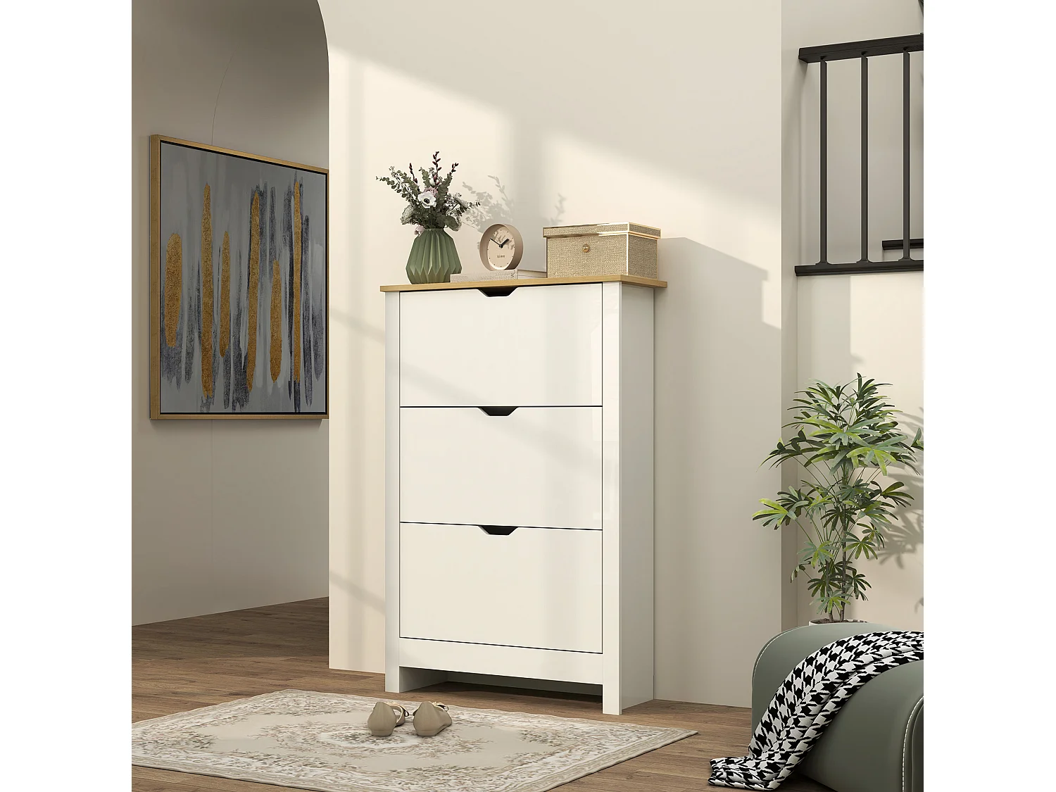 HOMCOM 18-Shoe Storage Cabinet 6 Shelves 3 Drawers Tabletop High Gloss White