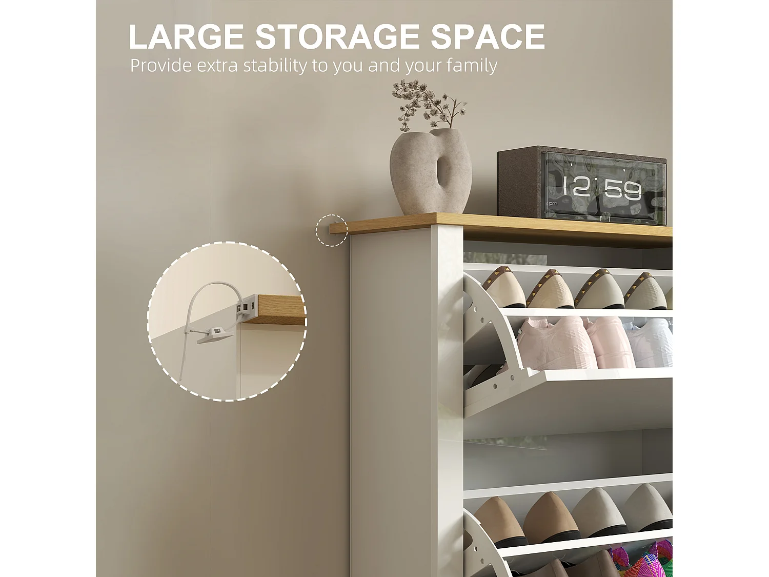 HOMCOM 18-Shoe Storage Cabinet 6 Shelves 3 Drawers Tabletop High Gloss White