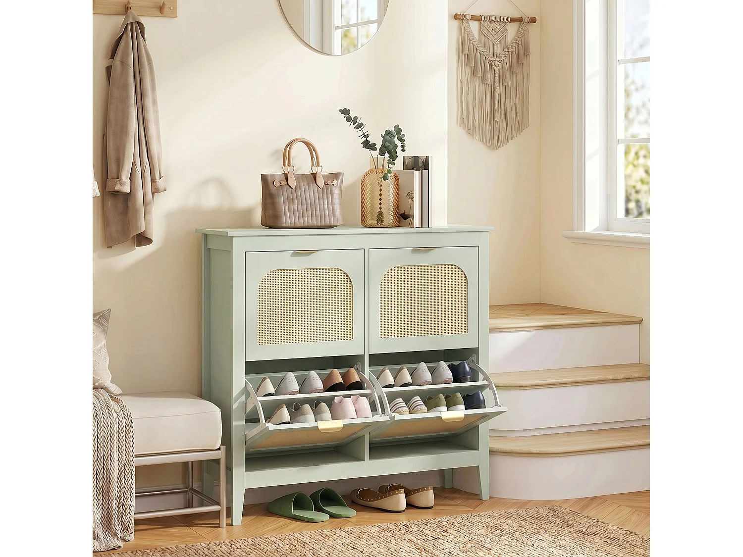 HOMCOM Boho Slim Shoe Cabinet with Rattan Doors, Holds 20 Pairs, Green