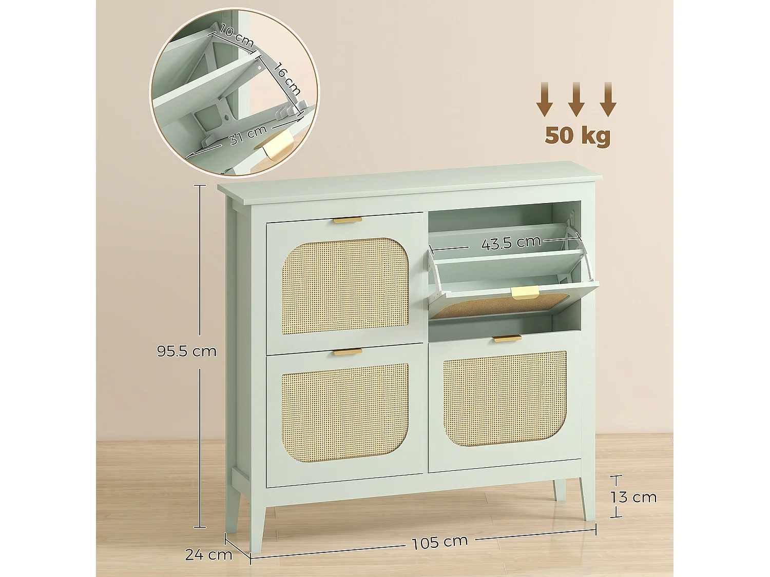 HOMCOM Boho Slim Shoe Cabinet with Rattan Doors, Holds 20 Pairs, Green
