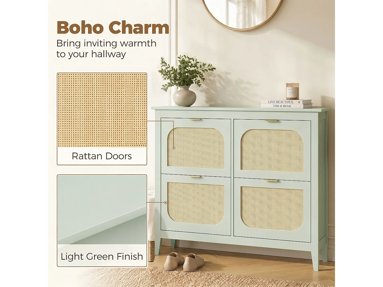 HOMCOM Boho Slim Shoe Cabinet with Rattan Doors, Holds 20 Pairs, Green