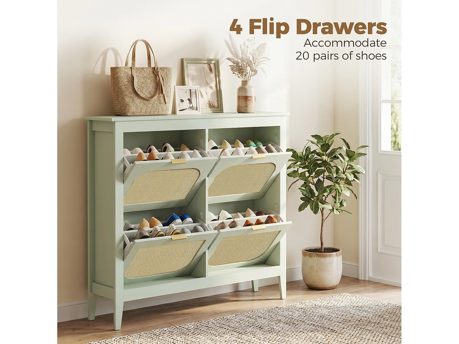 HOMCOM Boho Slim Shoe Cabinet with Rattan Doors, Holds 20 Pairs, Green