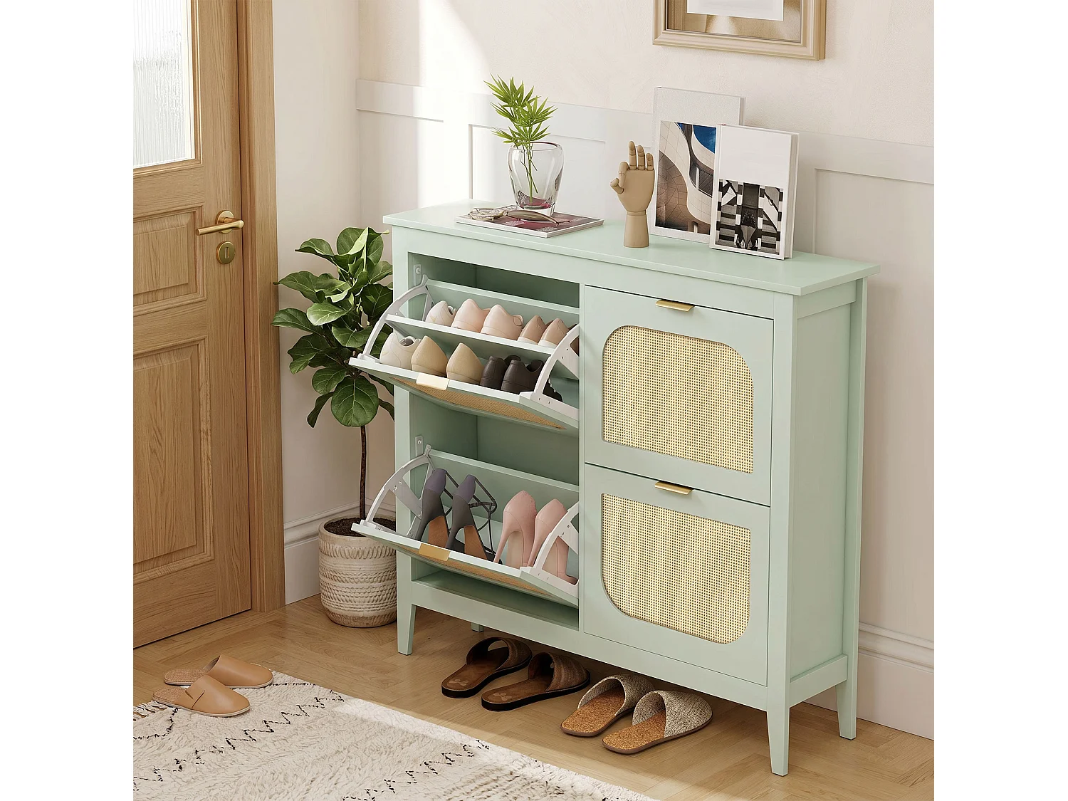 HOMCOM Boho Slim Shoe Cabinet with Rattan Doors, Holds 20 Pairs, Green