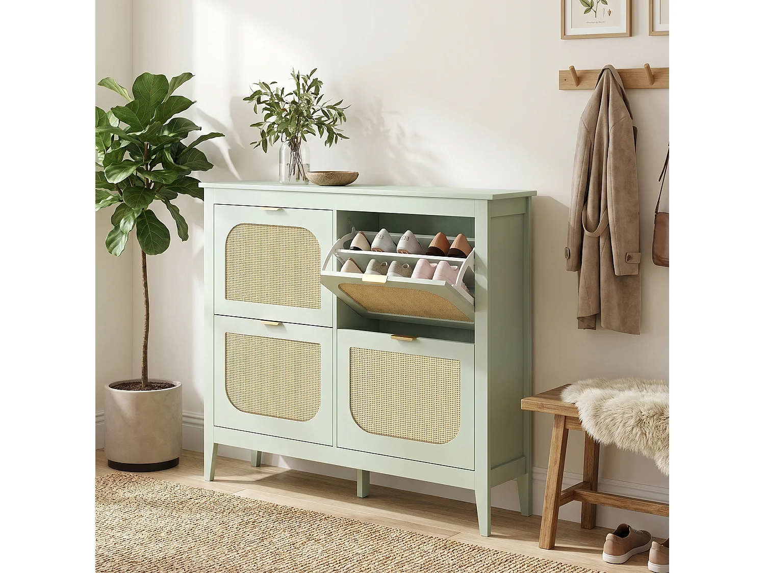 HOMCOM Boho Slim Shoe Cabinet with Rattan Doors, Holds 20 Pairs, Green