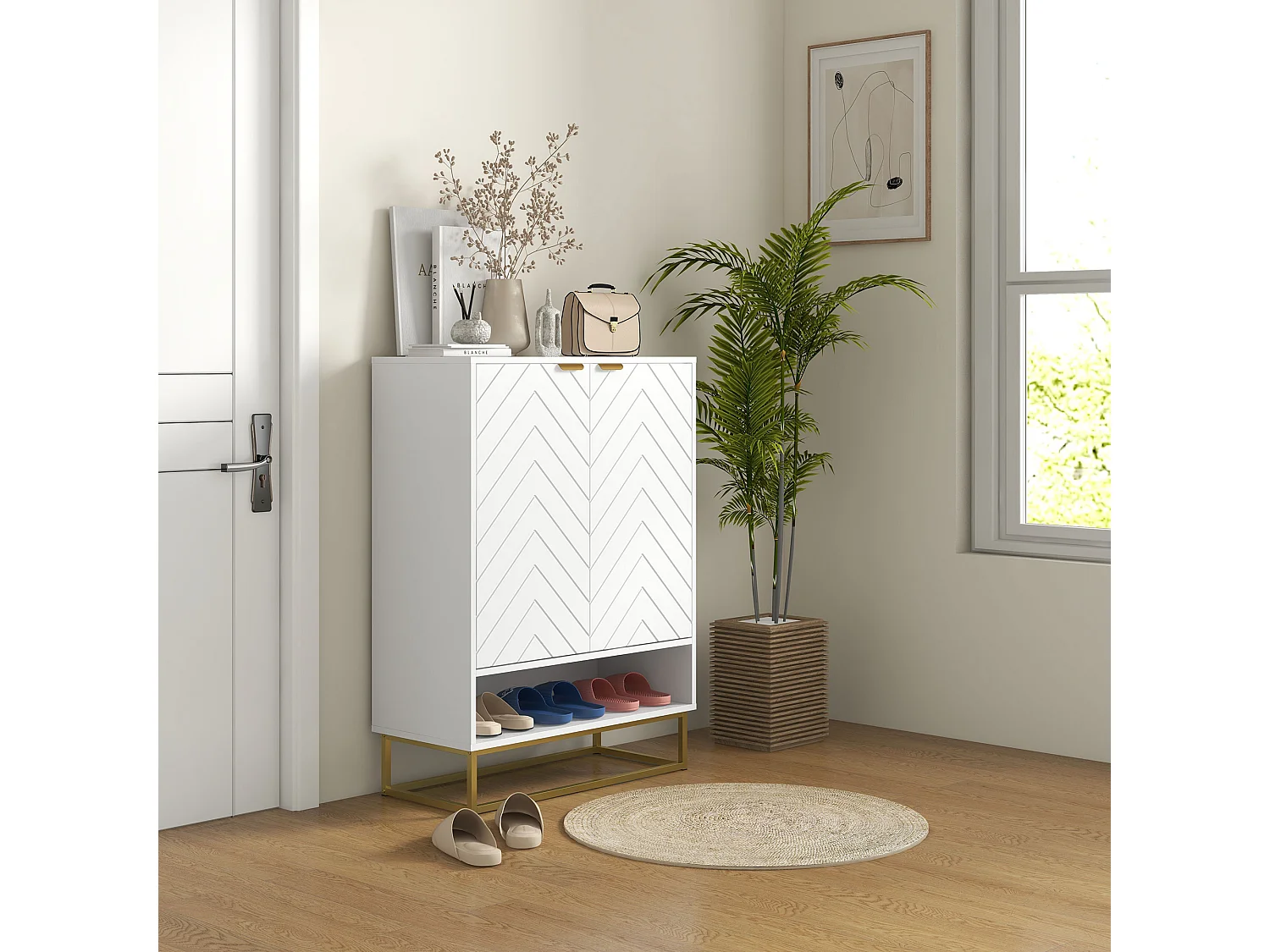 HOMCOM Shoe Cabinet with 2 Chevron Doors, Adjustable Shelf for 12 Pairs