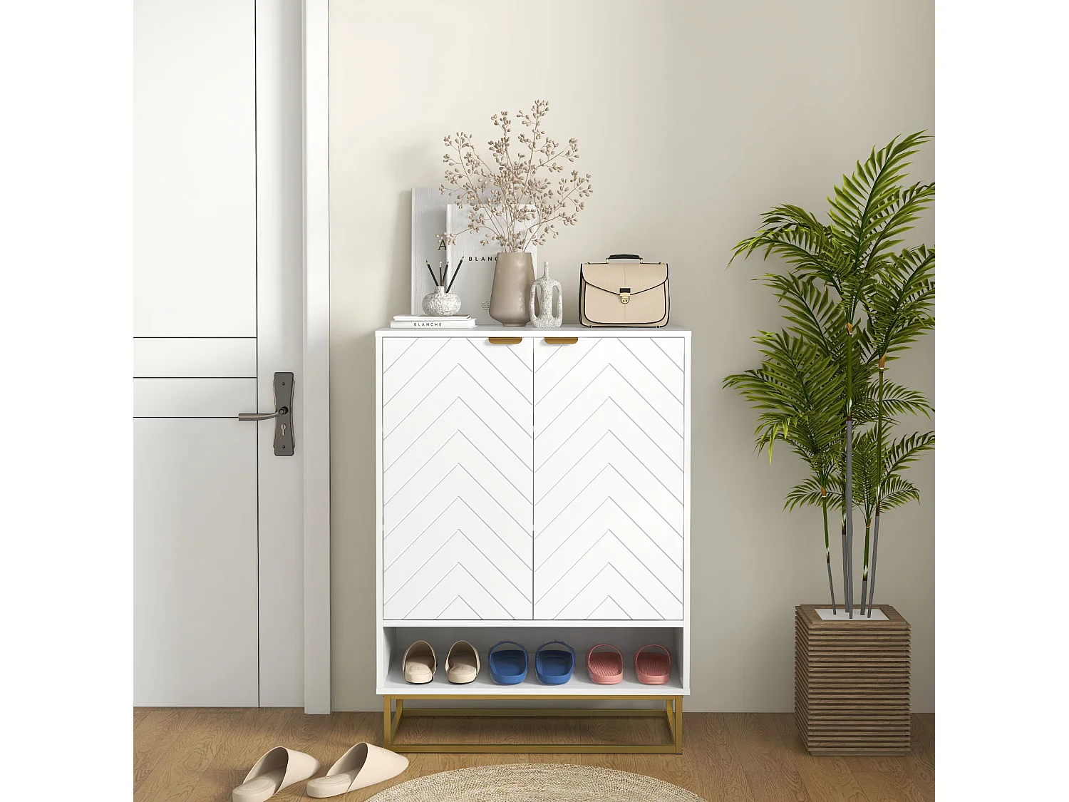 HOMCOM Shoe Cabinet with 2 Chevron Doors, Adjustable Shelf for 12 Pairs