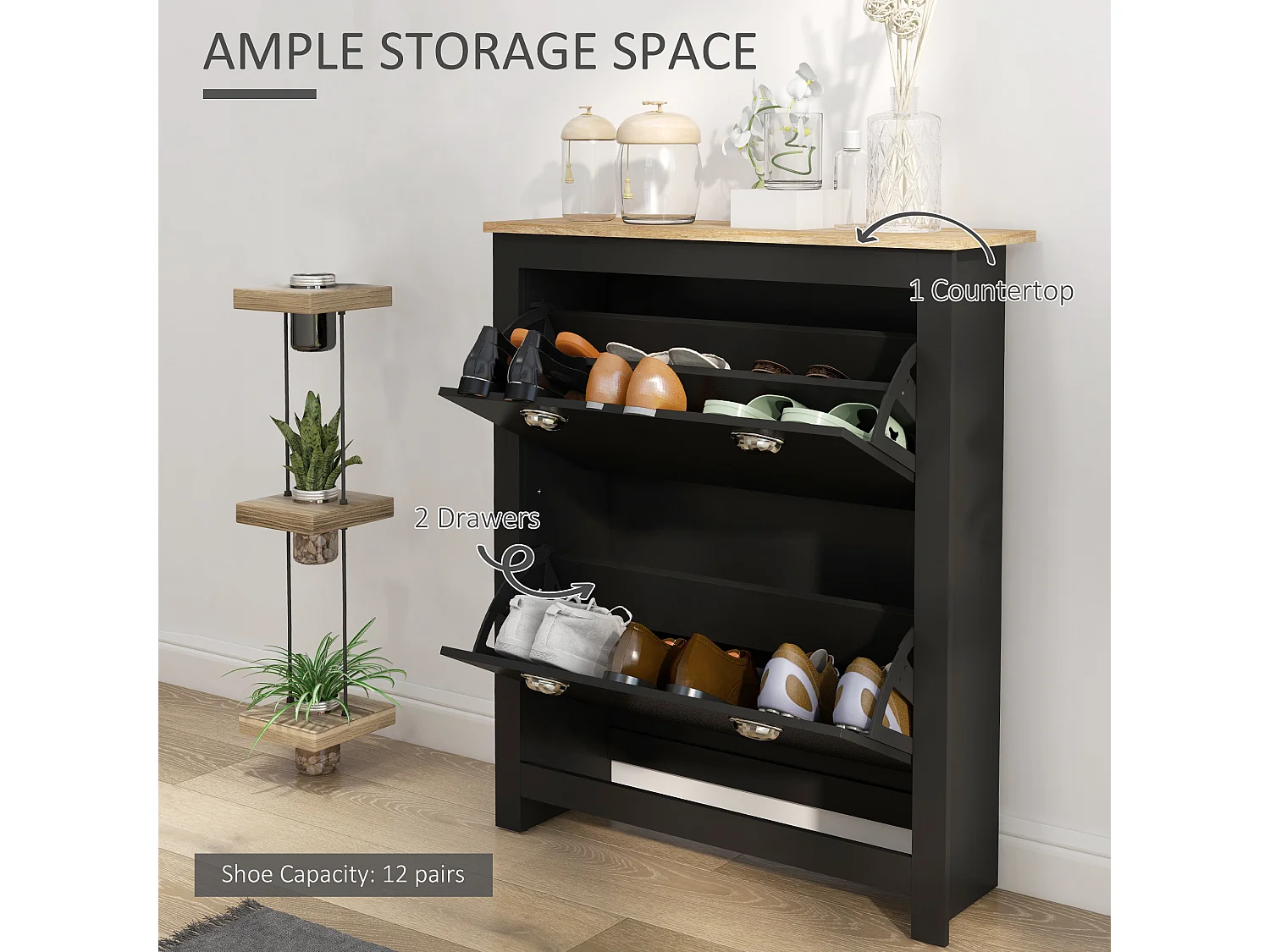 HOMCOM 2 Drawer Shoe Cabinet Narrow Shoe Cupboard with Flip Doors, Black