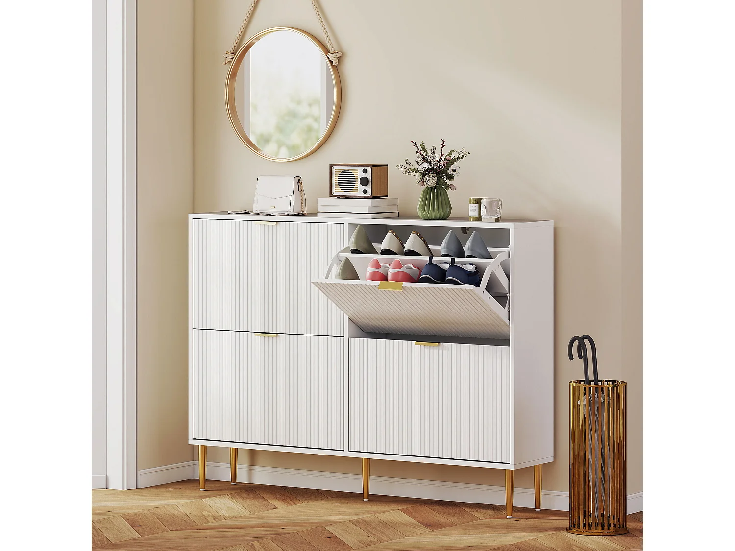 HOMCOM Slim Shoe Storage Cabinet with 4 Flip Drawers for Hallway, White