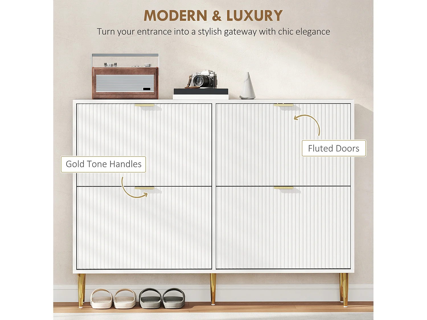 HOMCOM Slim Shoe Storage Cabinet with 4 Flip Drawers for Hallway, White
