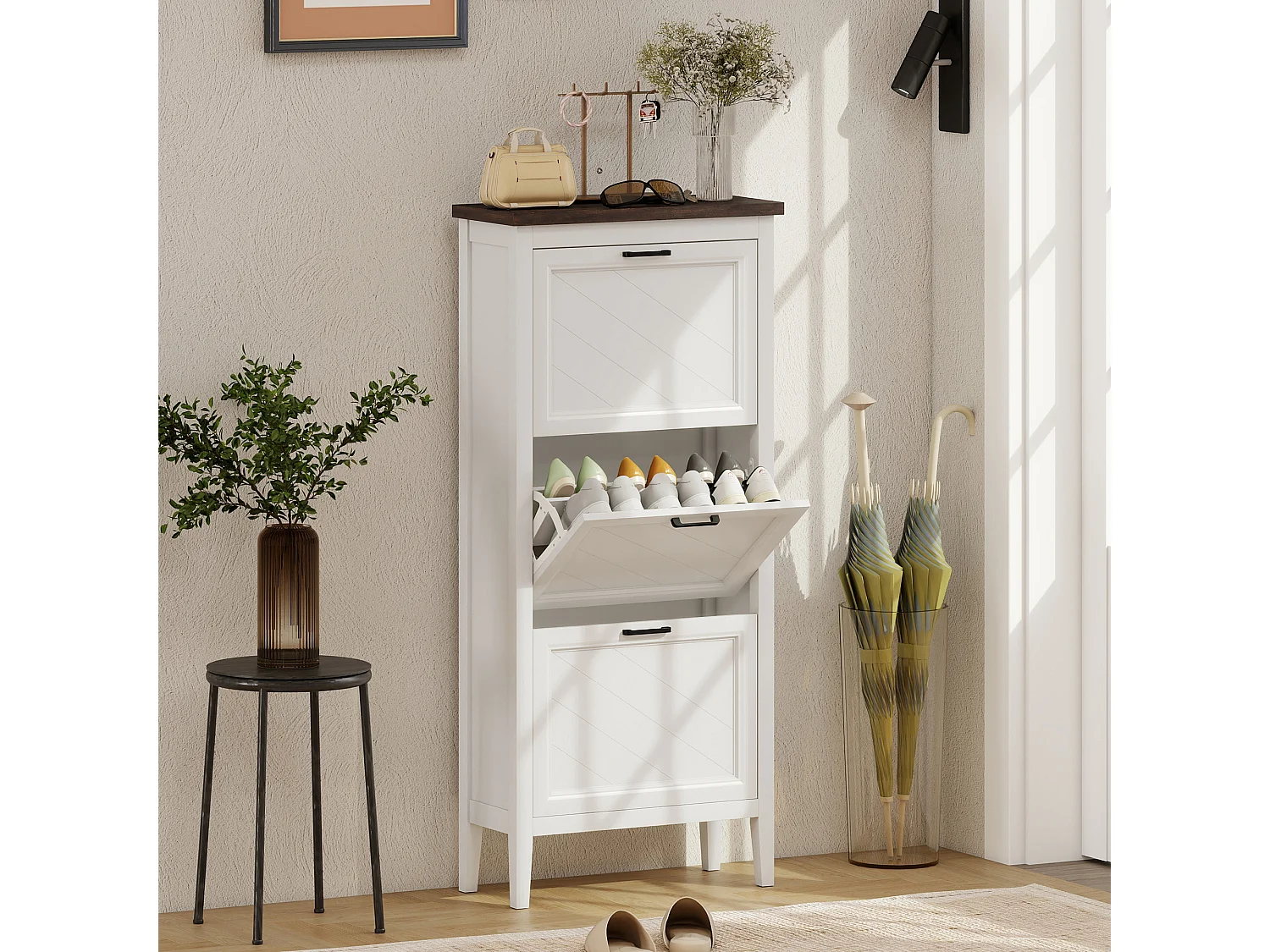 HOMCOM Shoe Cabinet with 3 Flip Drawers, Narrow Shoe Storage Cabinet, White