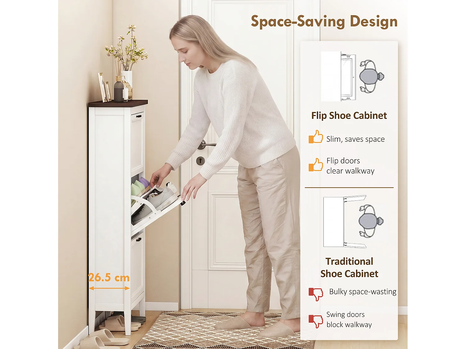 HOMCOM Shoe Cabinet with 3 Flip Drawers, Narrow Shoe Storage Cabinet, White