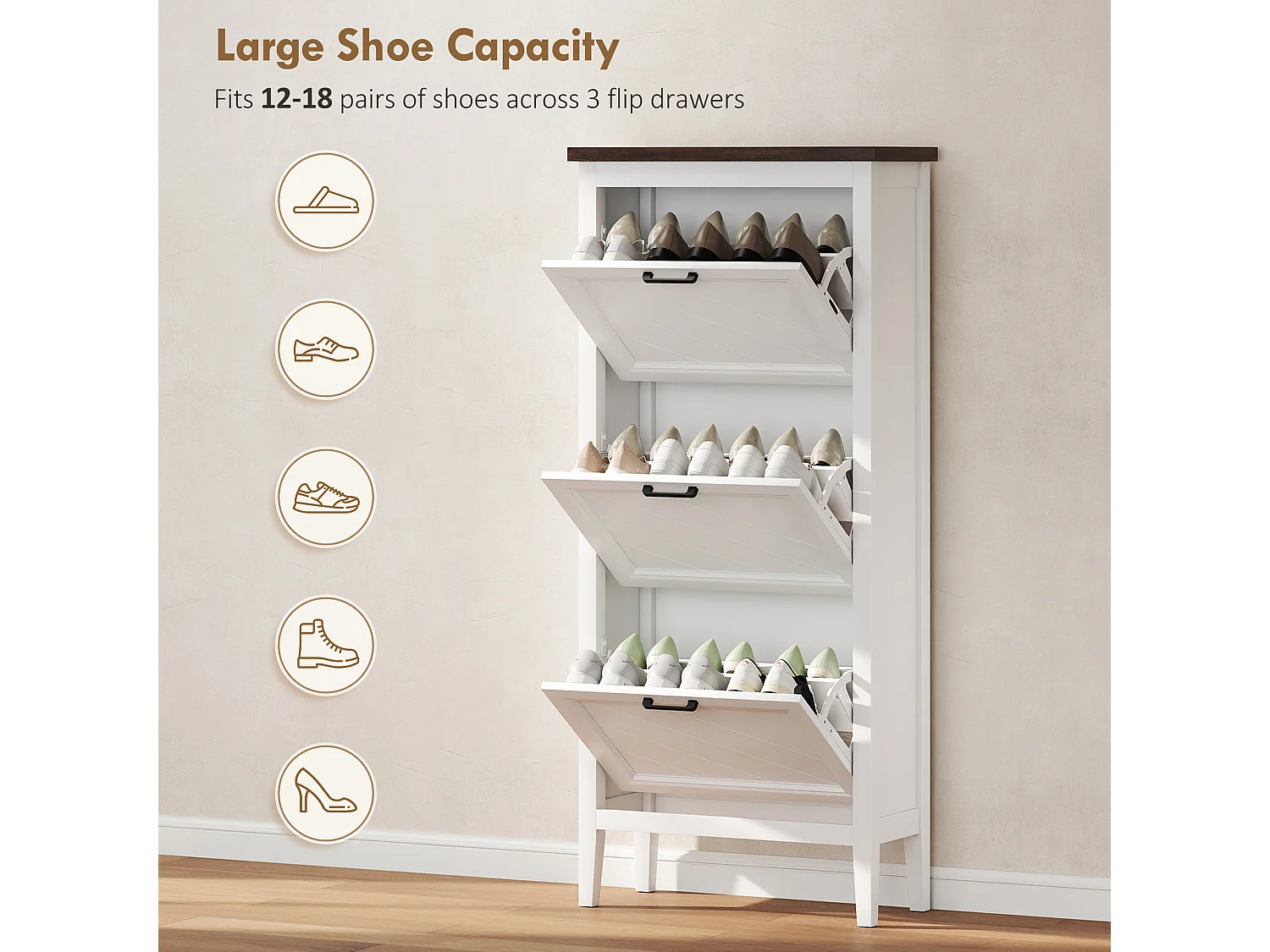 HOMCOM Shoe Cabinet with 3 Flip Drawers, Narrow Shoe Storage Cabinet, White