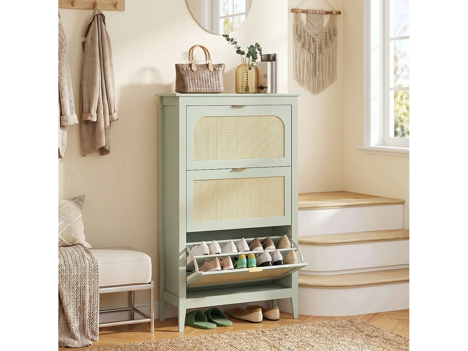 HOMCOM Boho Slim Shoe Cabinet with Rattan Doors, Holds 21 Pairs, Green