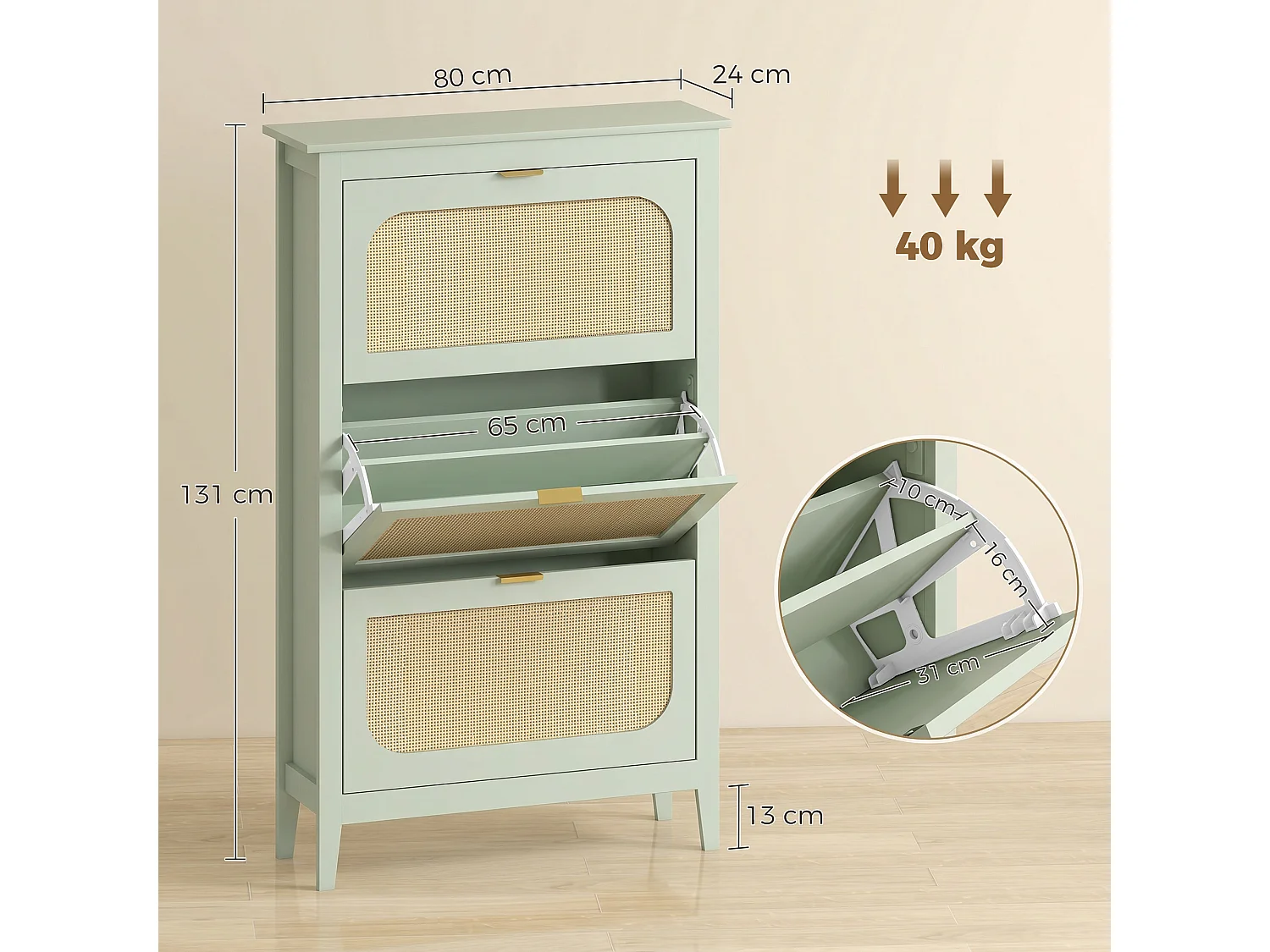HOMCOM Boho Slim Shoe Cabinet with Rattan Doors, Holds 21 Pairs, Green