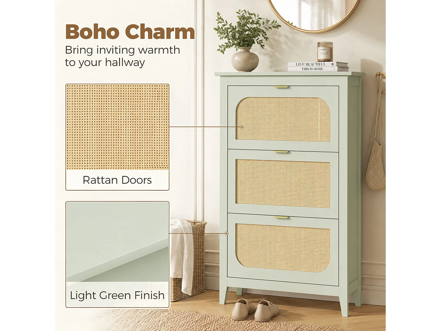 HOMCOM Boho Slim Shoe Cabinet with Rattan Doors, Holds 21 Pairs, Green