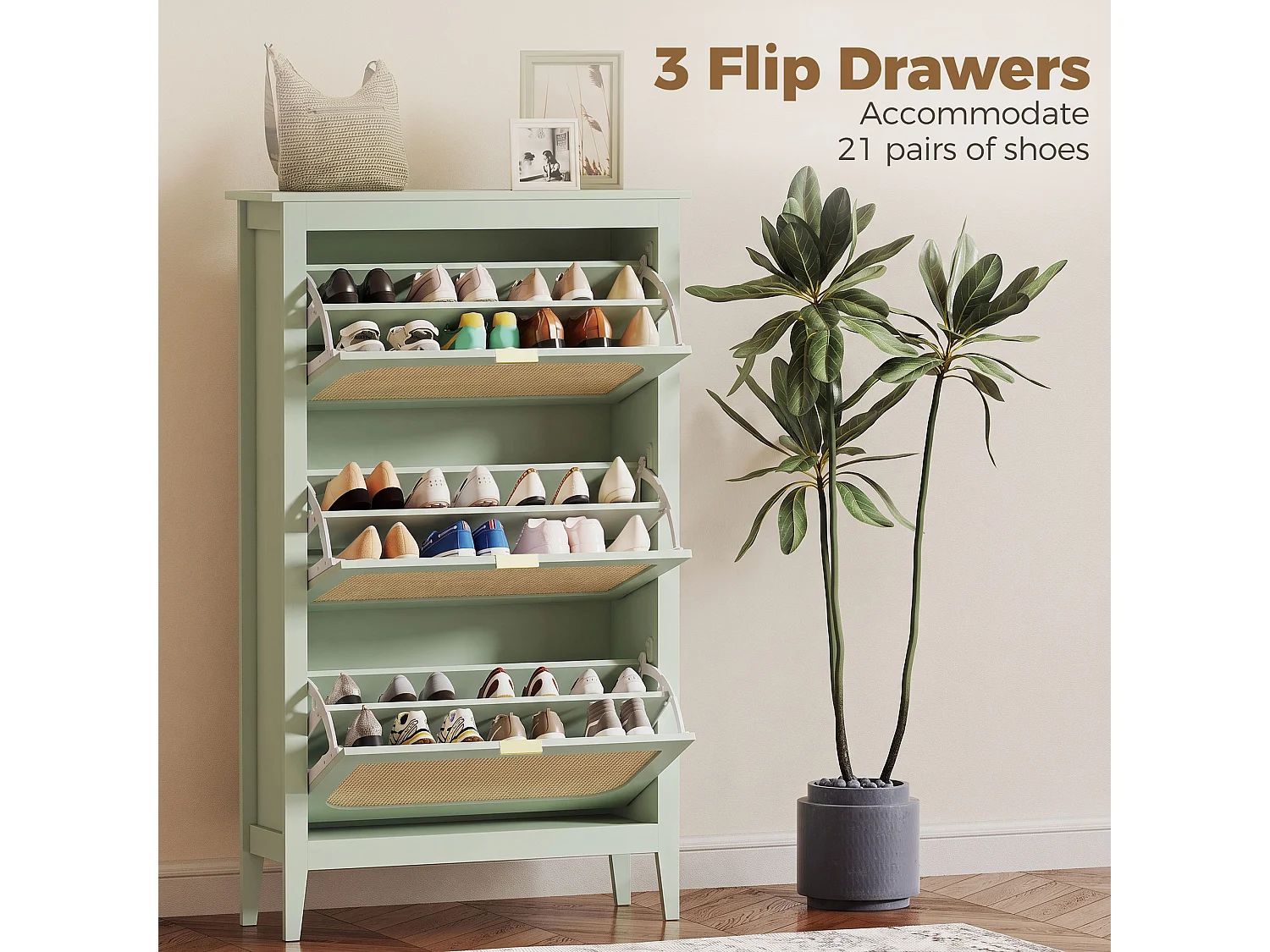 HOMCOM Boho Slim Shoe Cabinet with Rattan Doors, Holds 21 Pairs, Green