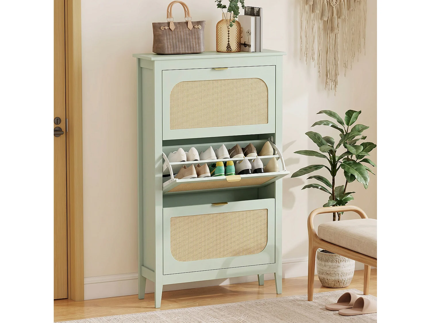 HOMCOM Boho Slim Shoe Cabinet with Rattan Doors, Holds 21 Pairs, Green