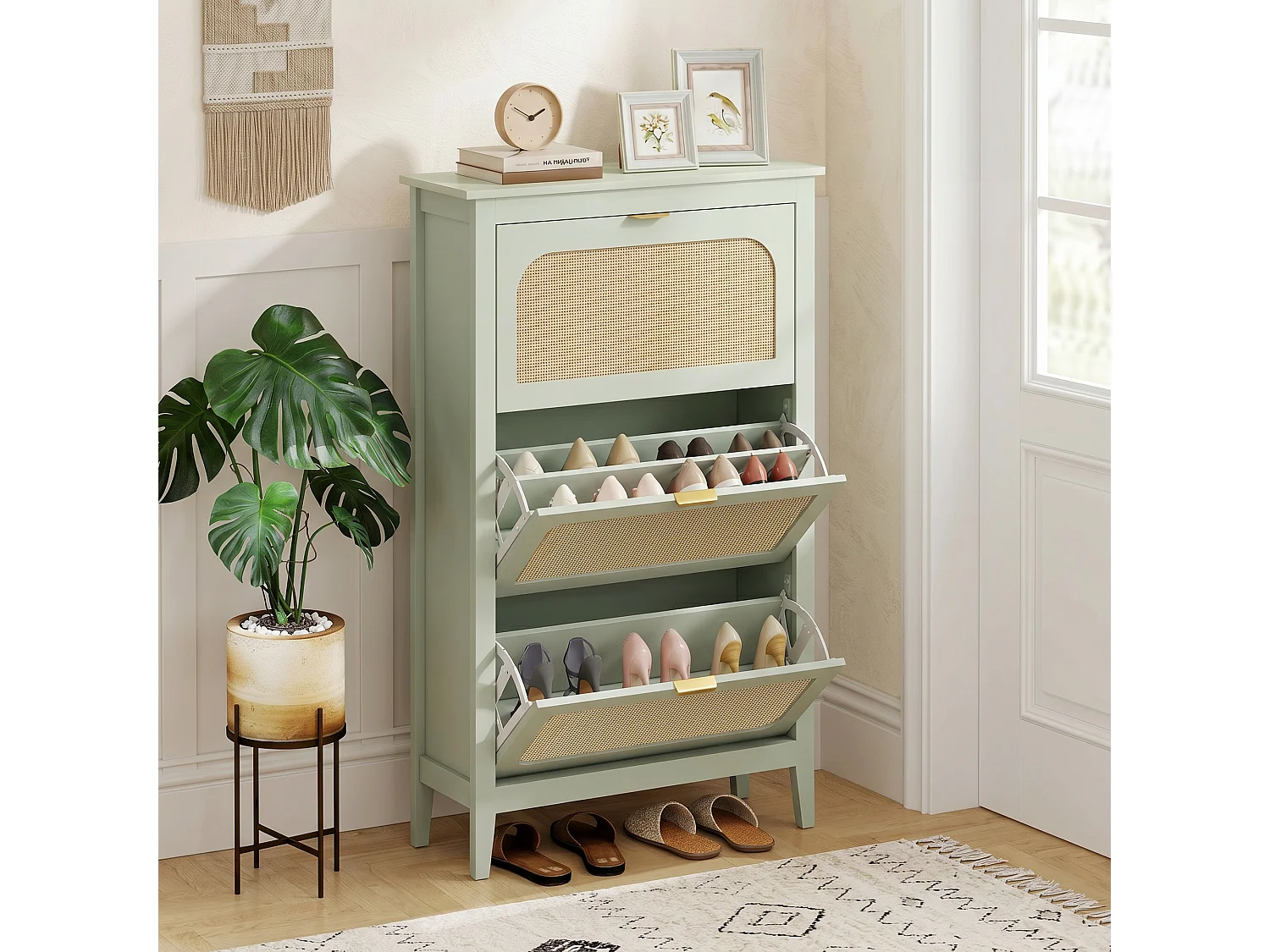 HOMCOM Boho Slim Shoe Cabinet with Rattan Doors, Holds 21 Pairs, Green