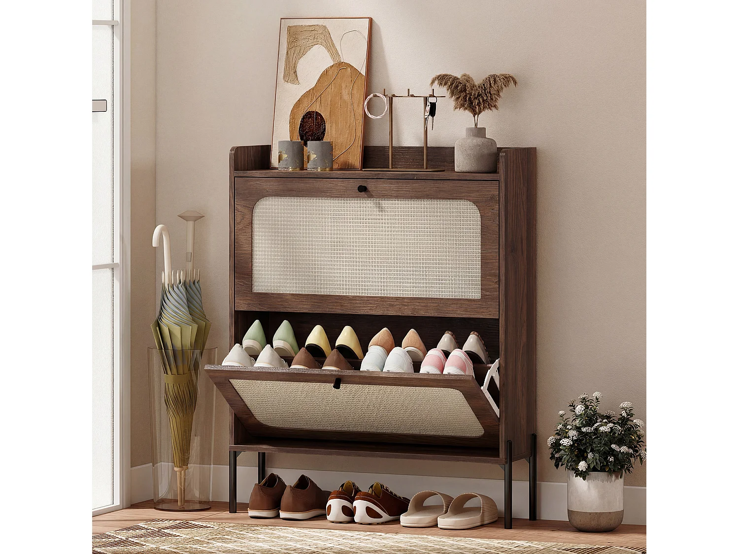 HOMCOM Boho Narrow Shoe Cabinet, Shoe Rack with 2 Flip Drawers, Dark Brown