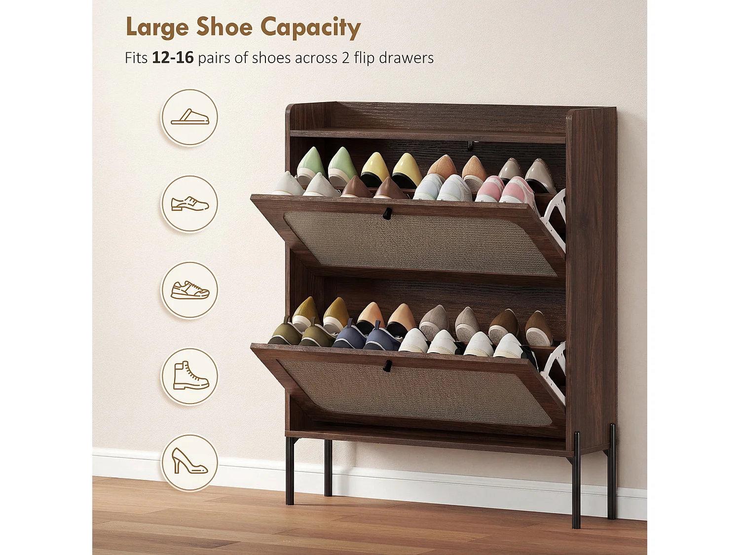 HOMCOM Boho Narrow Shoe Cabinet, Shoe Rack with 2 Flip Drawers, Dark Brown