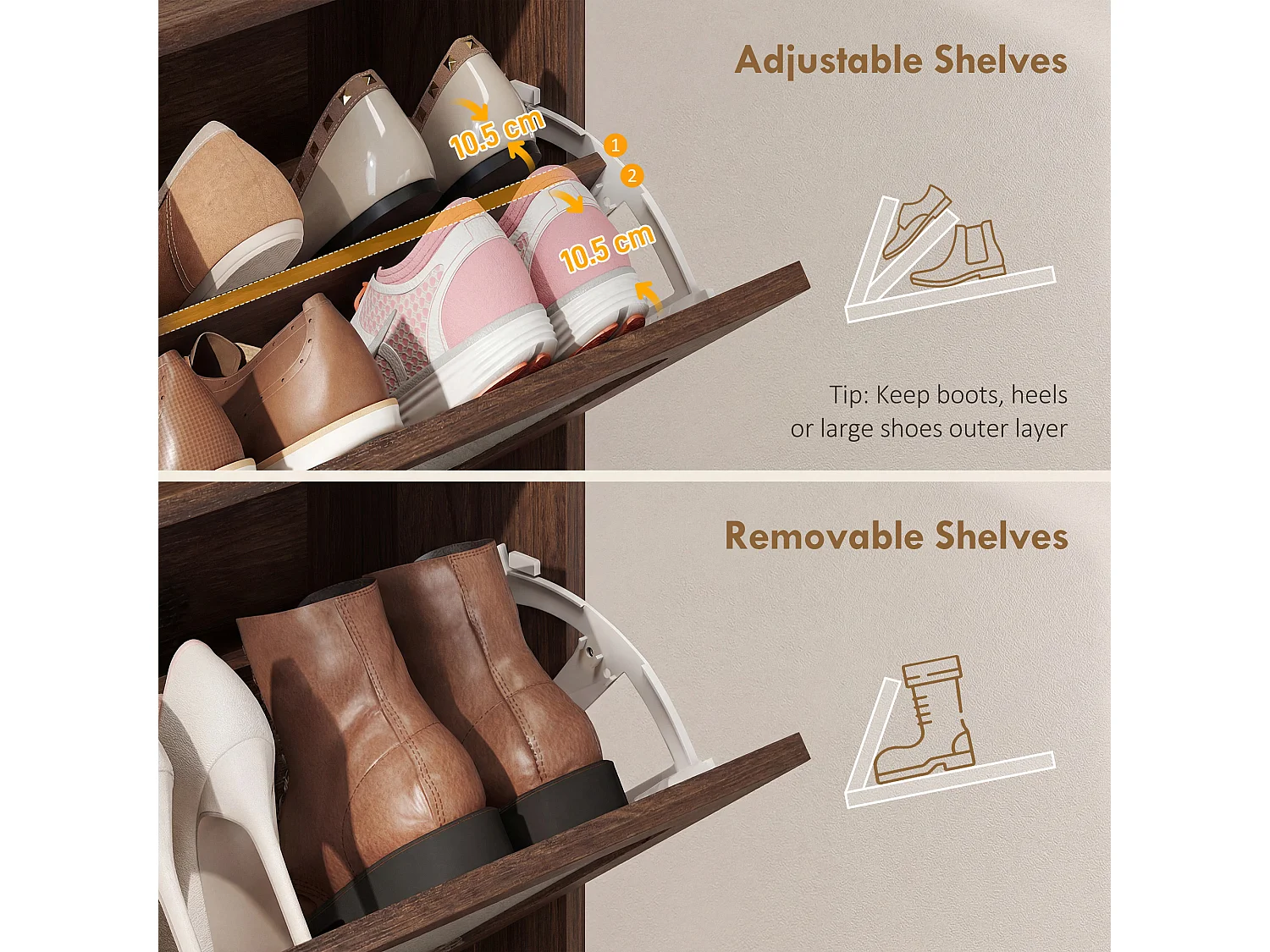 HOMCOM Boho Narrow Shoe Cabinet, Shoe Rack with 2 Flip Drawers, Dark Brown