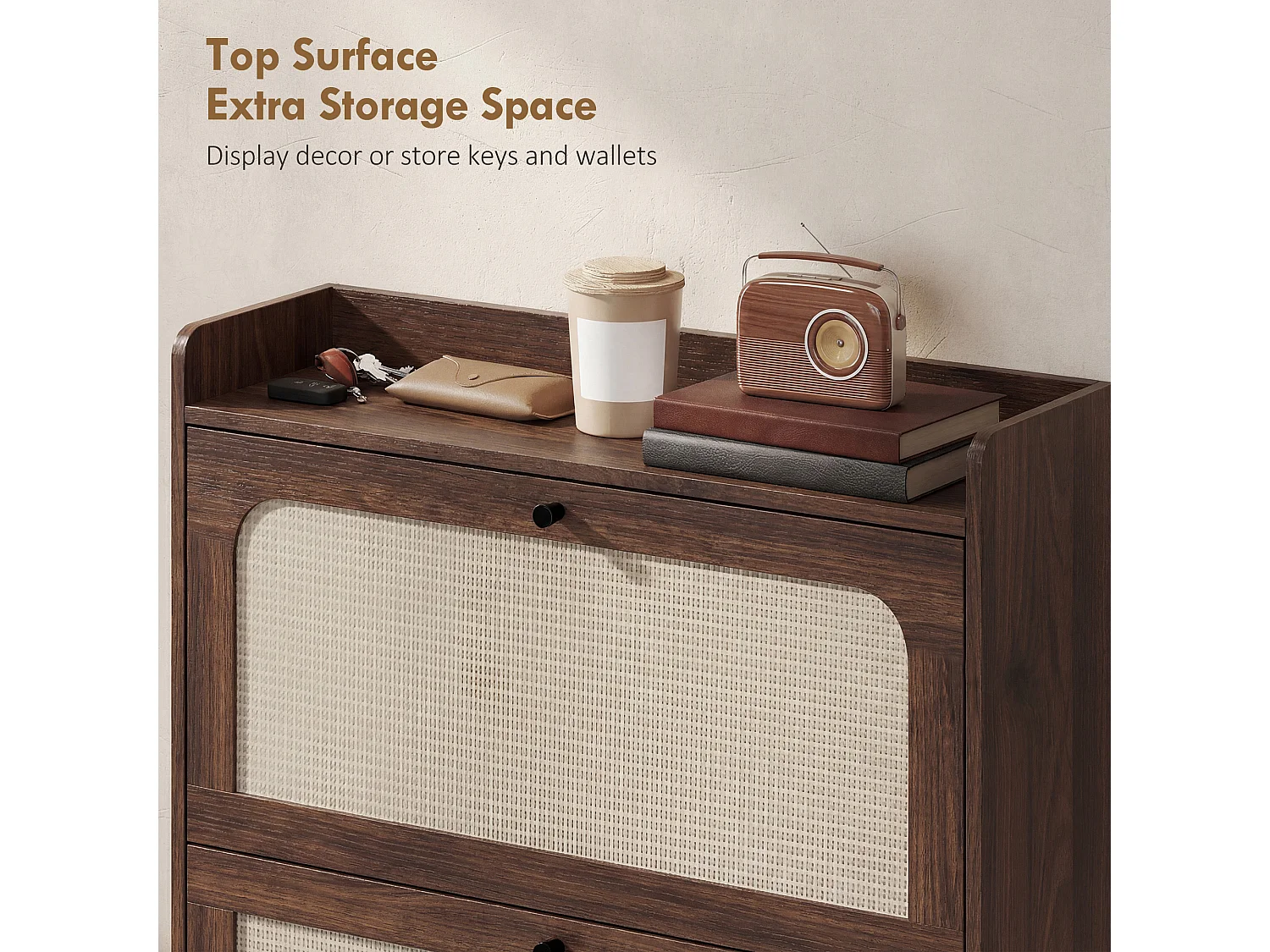 HOMCOM Boho Narrow Shoe Cabinet, Shoe Rack with 2 Flip Drawers, Dark Brown