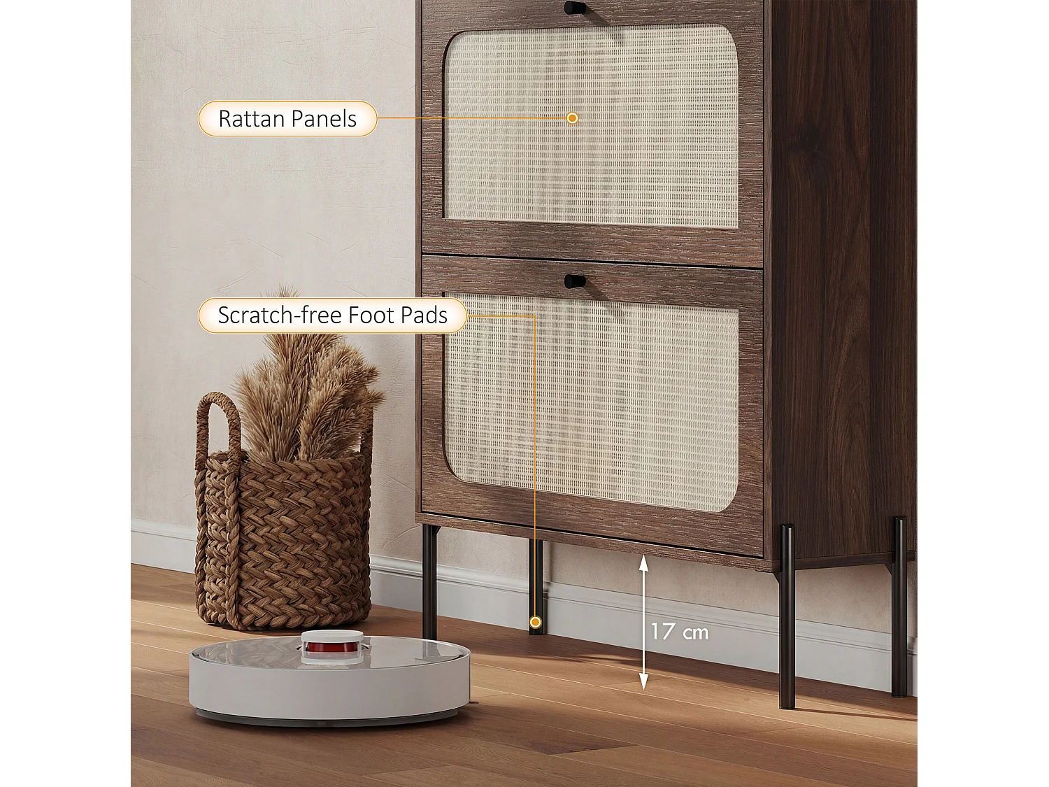 HOMCOM Boho Narrow Shoe Cabinet, Shoe Rack with 2 Flip Drawers, Dark Brown