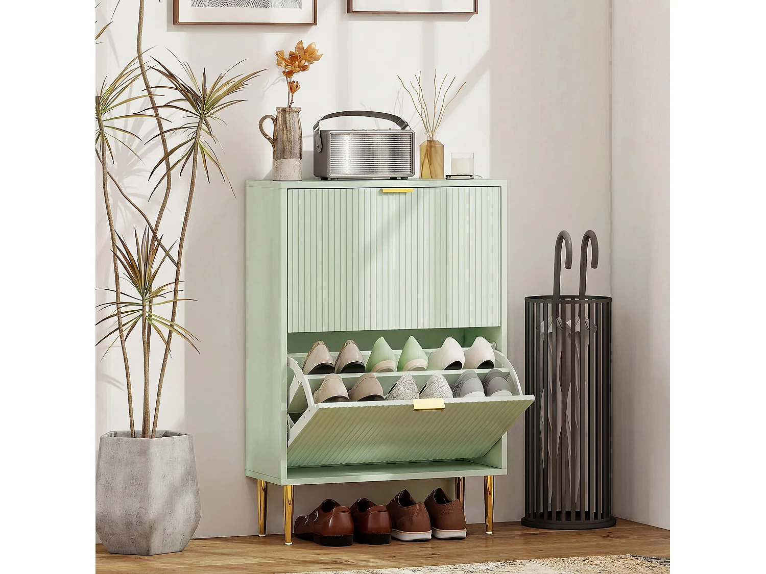 HOMCOM Slim Shoe Storage Cabinet with 2 Flip Drawers for Hallway, Light Green