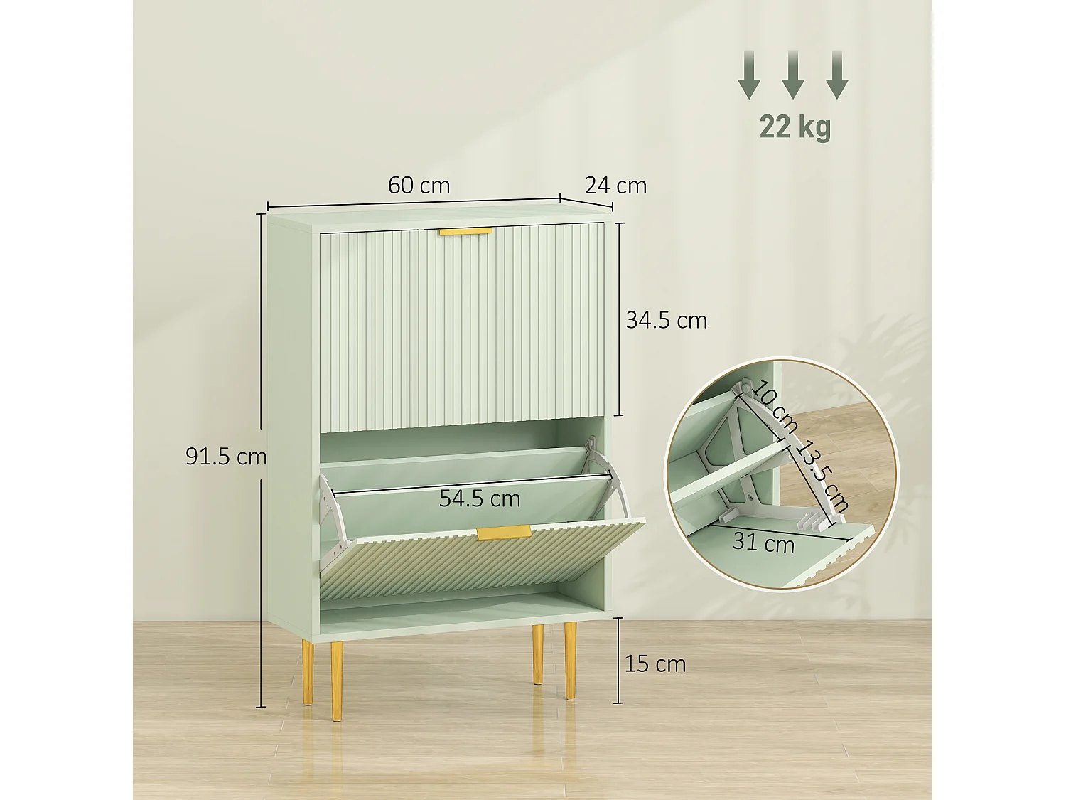 HOMCOM Slim Shoe Storage Cabinet with 2 Flip Drawers for Hallway, Light Green