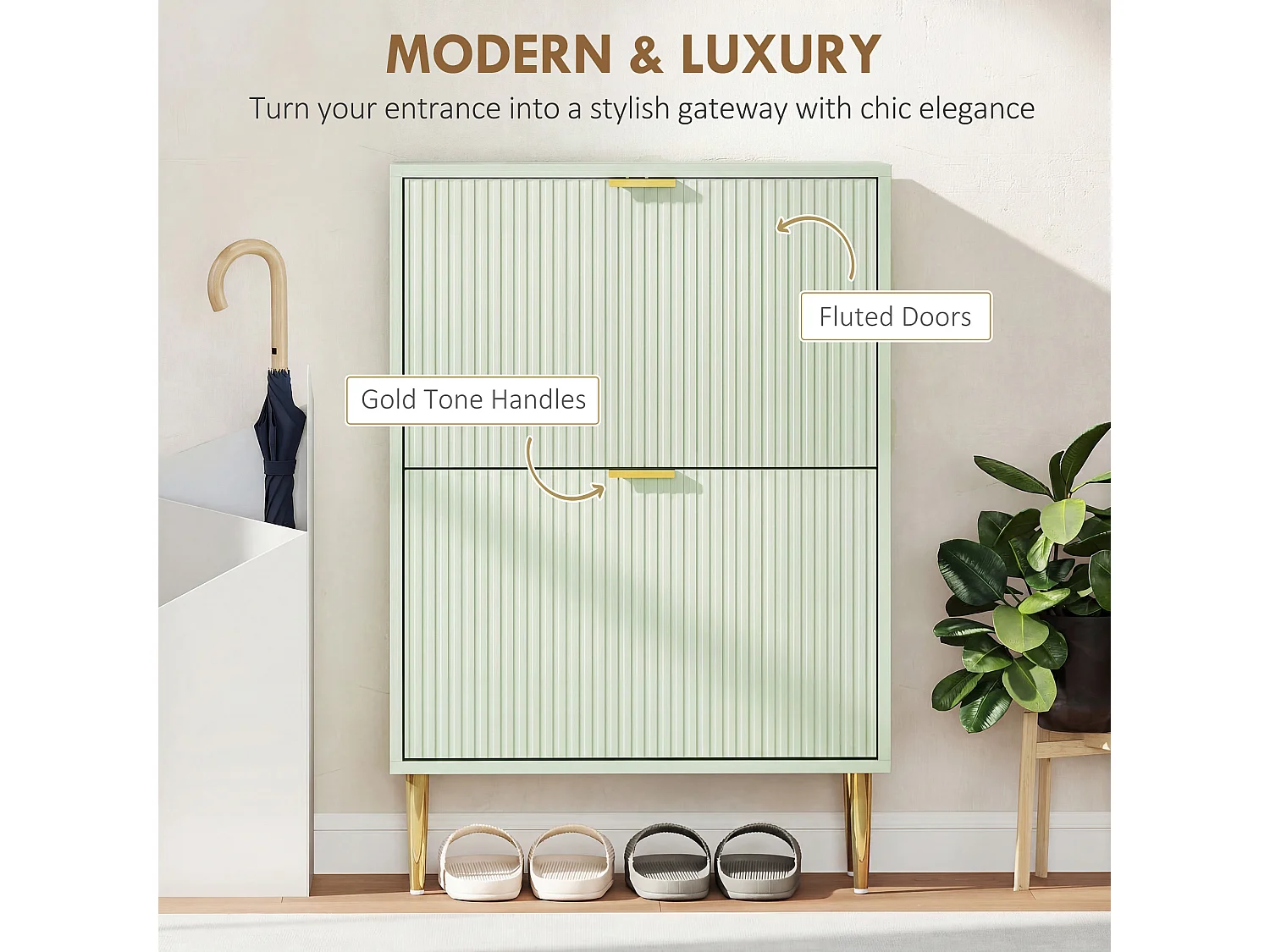 HOMCOM Slim Shoe Storage Cabinet with 2 Flip Drawers for Hallway, Light Green