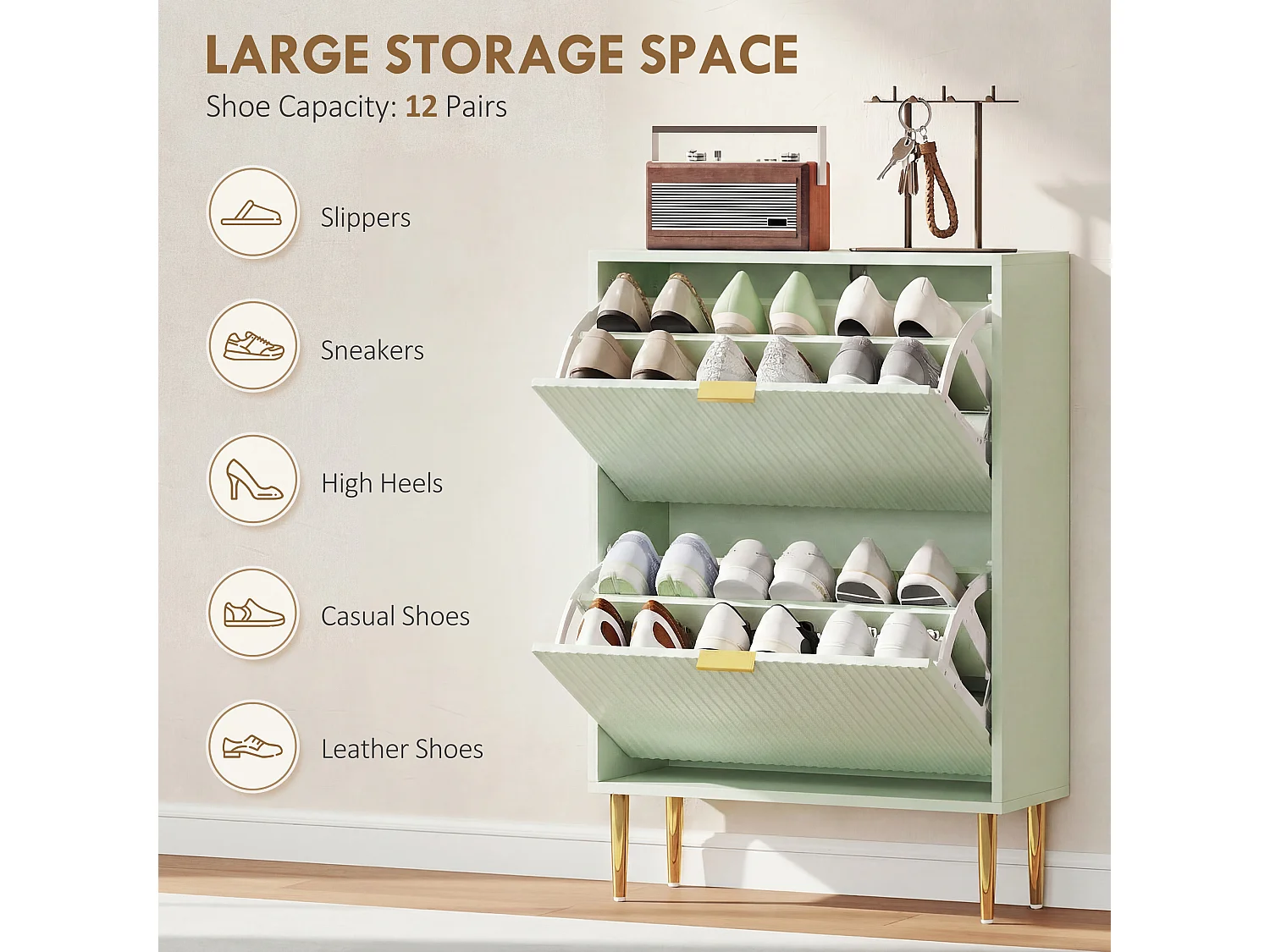 HOMCOM Slim Shoe Storage Cabinet with 2 Flip Drawers for Hallway, Light Green