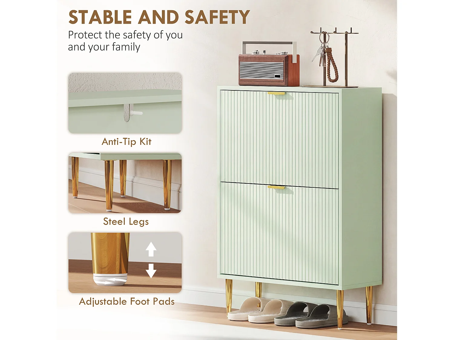 HOMCOM Slim Shoe Storage Cabinet with 2 Flip Drawers for Hallway, Light Green