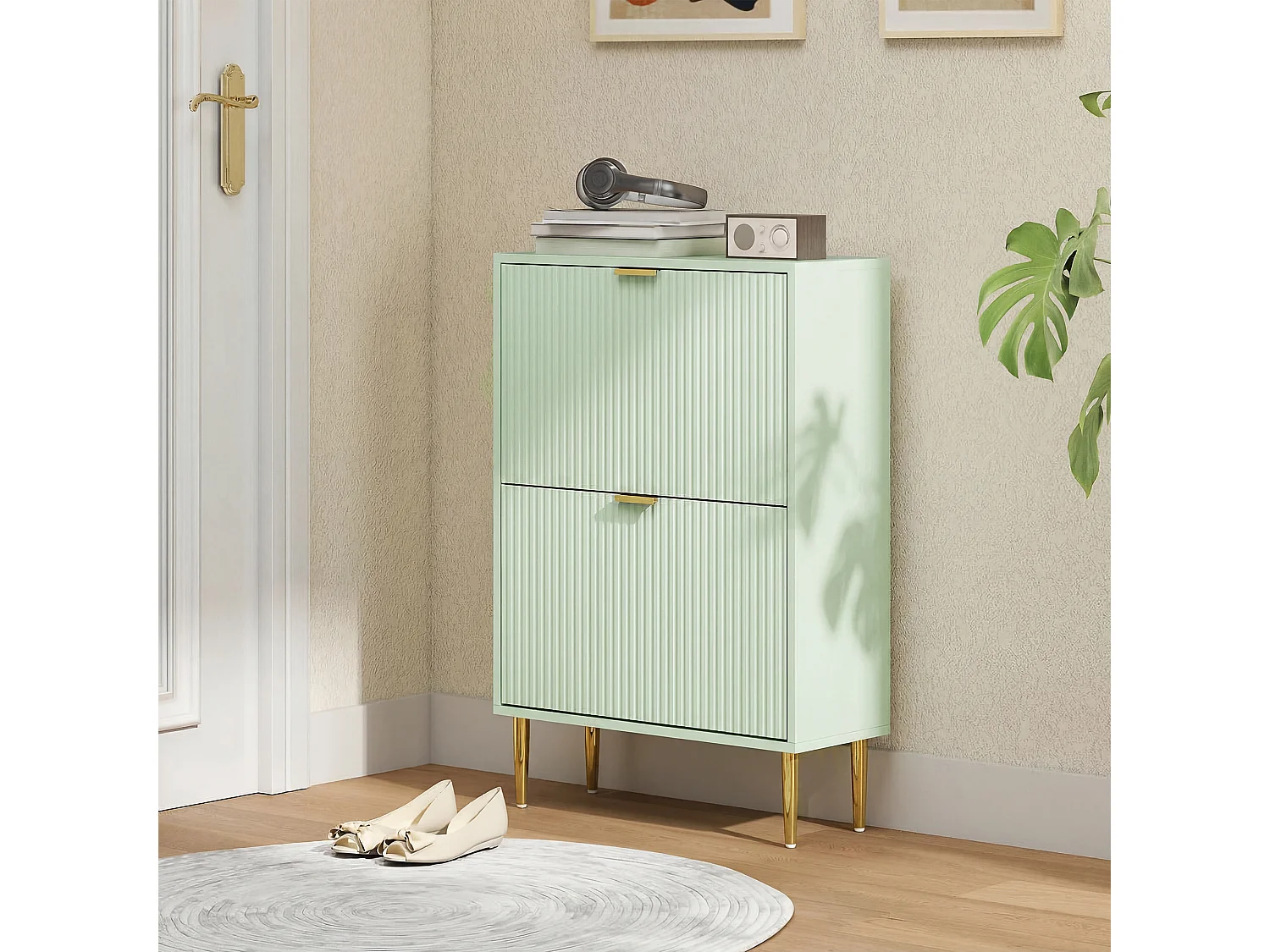 HOMCOM Slim Shoe Storage Cabinet with 2 Flip Drawers for Hallway, Light Green