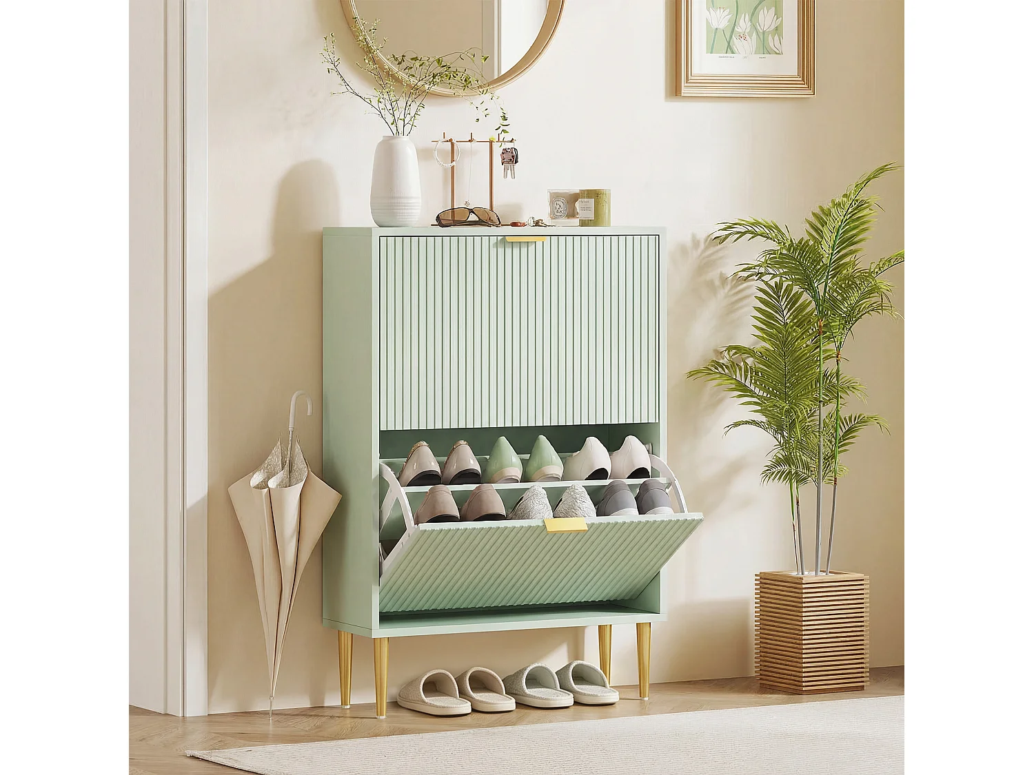 HOMCOM Slim Shoe Storage Cabinet with 2 Flip Drawers for Hallway, Light Green