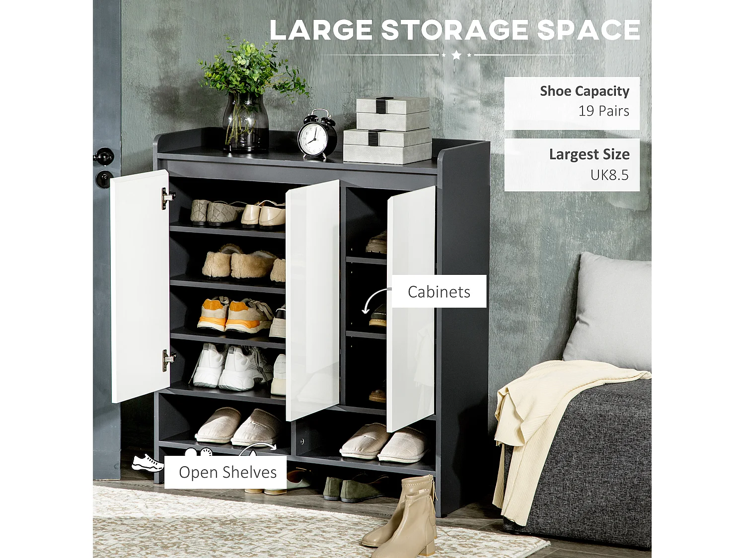 HOMCOM Storage Cabinet with High Gloss White Doors for 19 Pairs of Shoes
